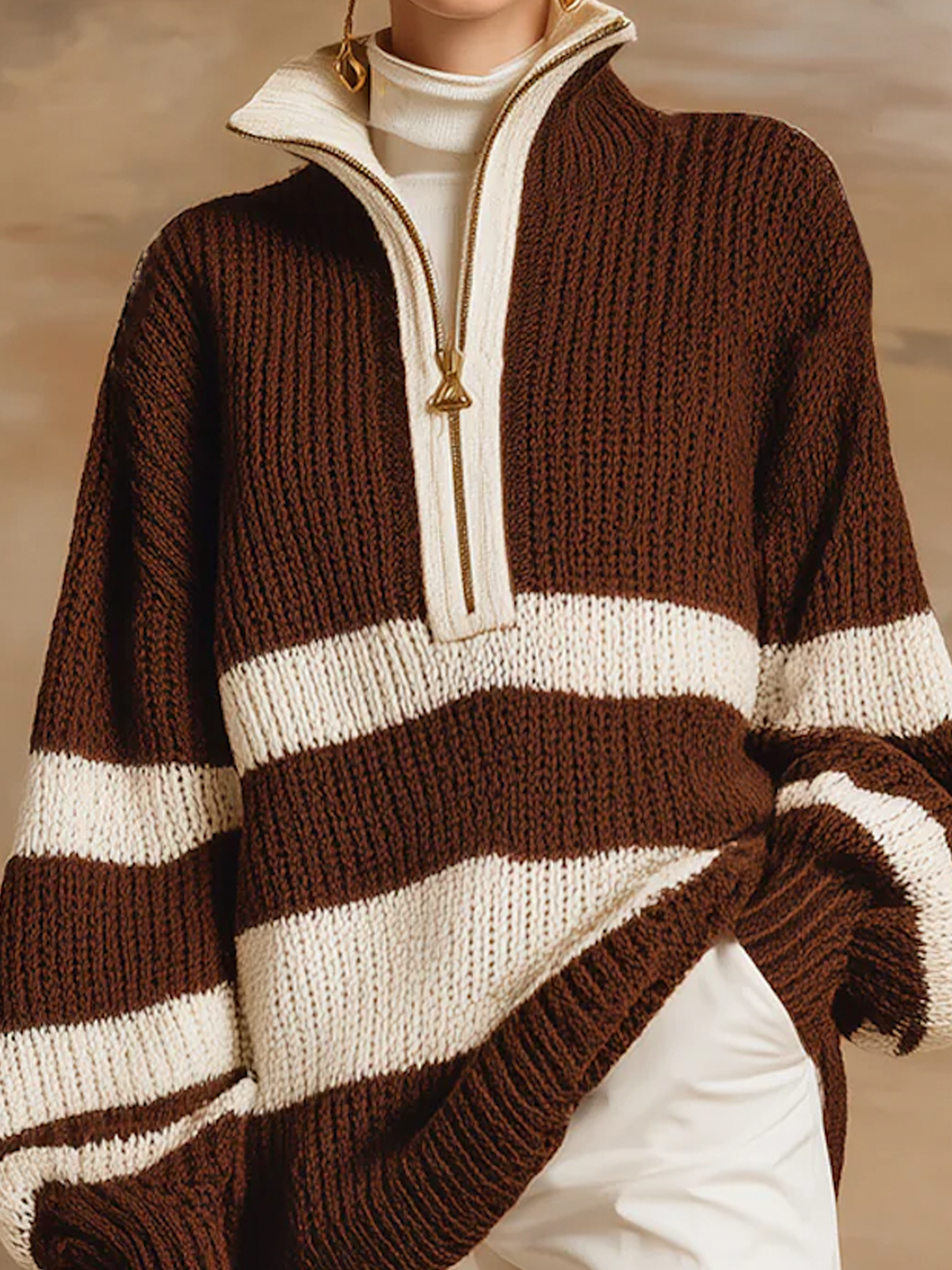 Casual Color Block Stand Collar Sweater