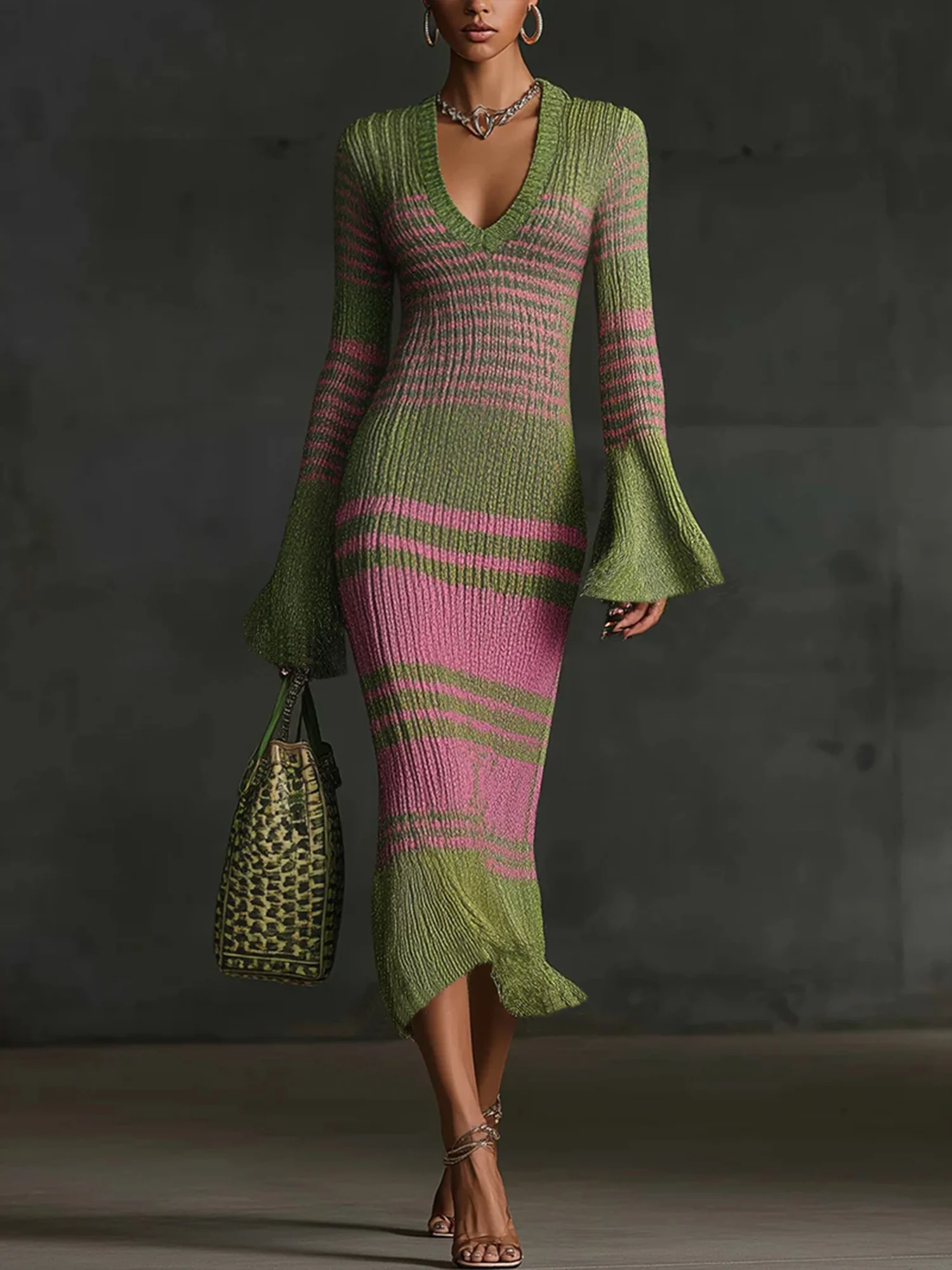 Elegant Wool-Blend Color Block Bell Sleeve V-Neck Sweater Midi Dress
