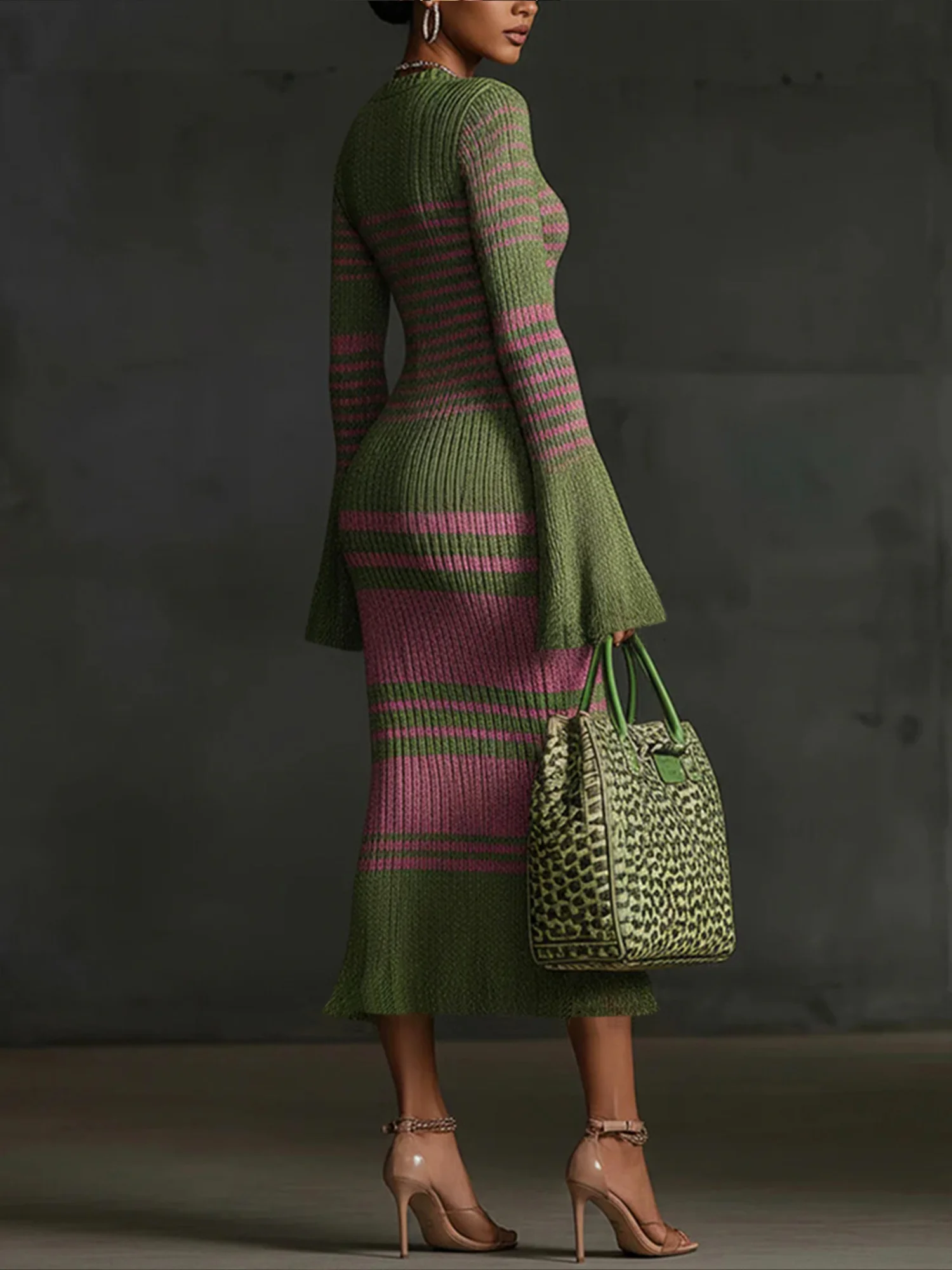 Elegant Wool-Blend Color Block Bell Sleeve V-Neck Sweater Midi Dress