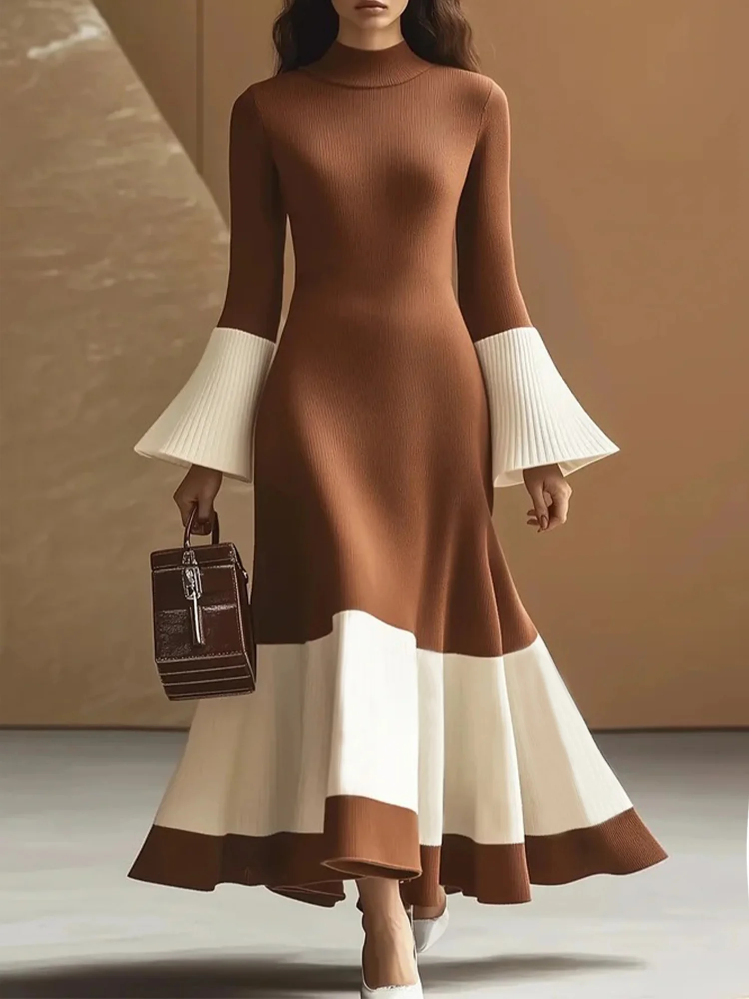 Elegant Color Block Bell Sleeve Stand Collar Sweater Dress