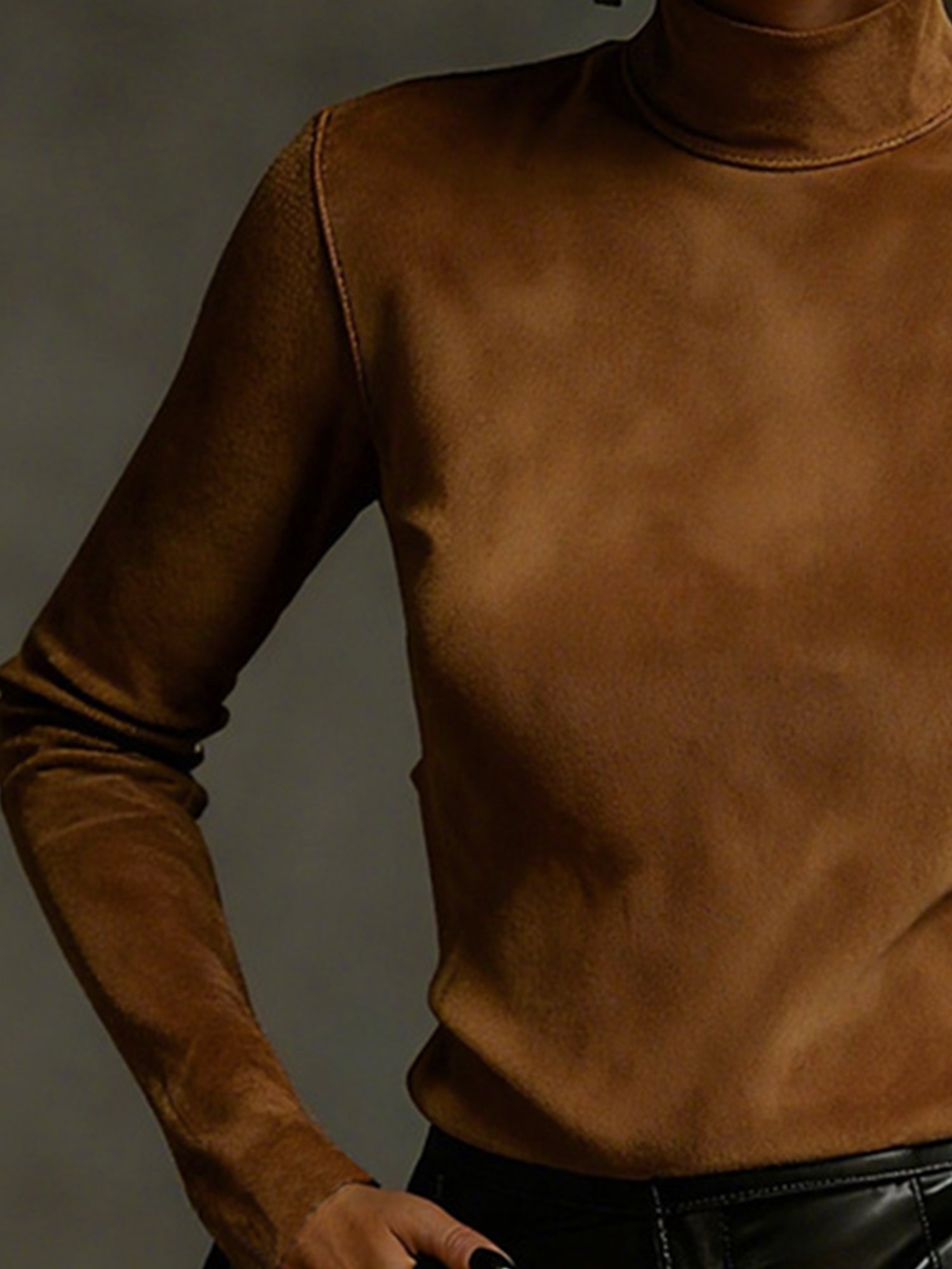 Suede Urban Plain Stand Collar Faux Leather Top