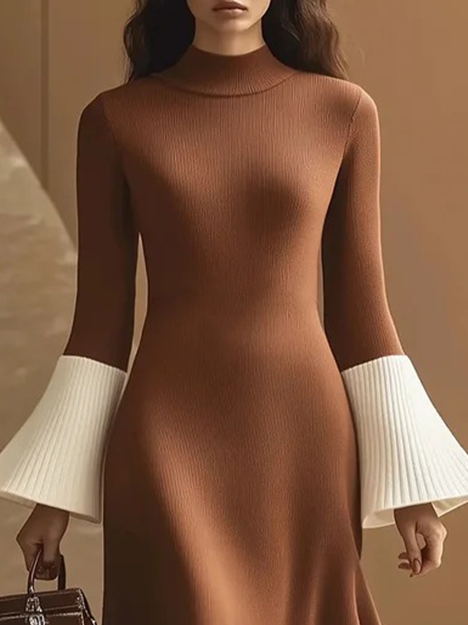 Elegant Color Block Bell Sleeve Stand Collar Sweater Dress