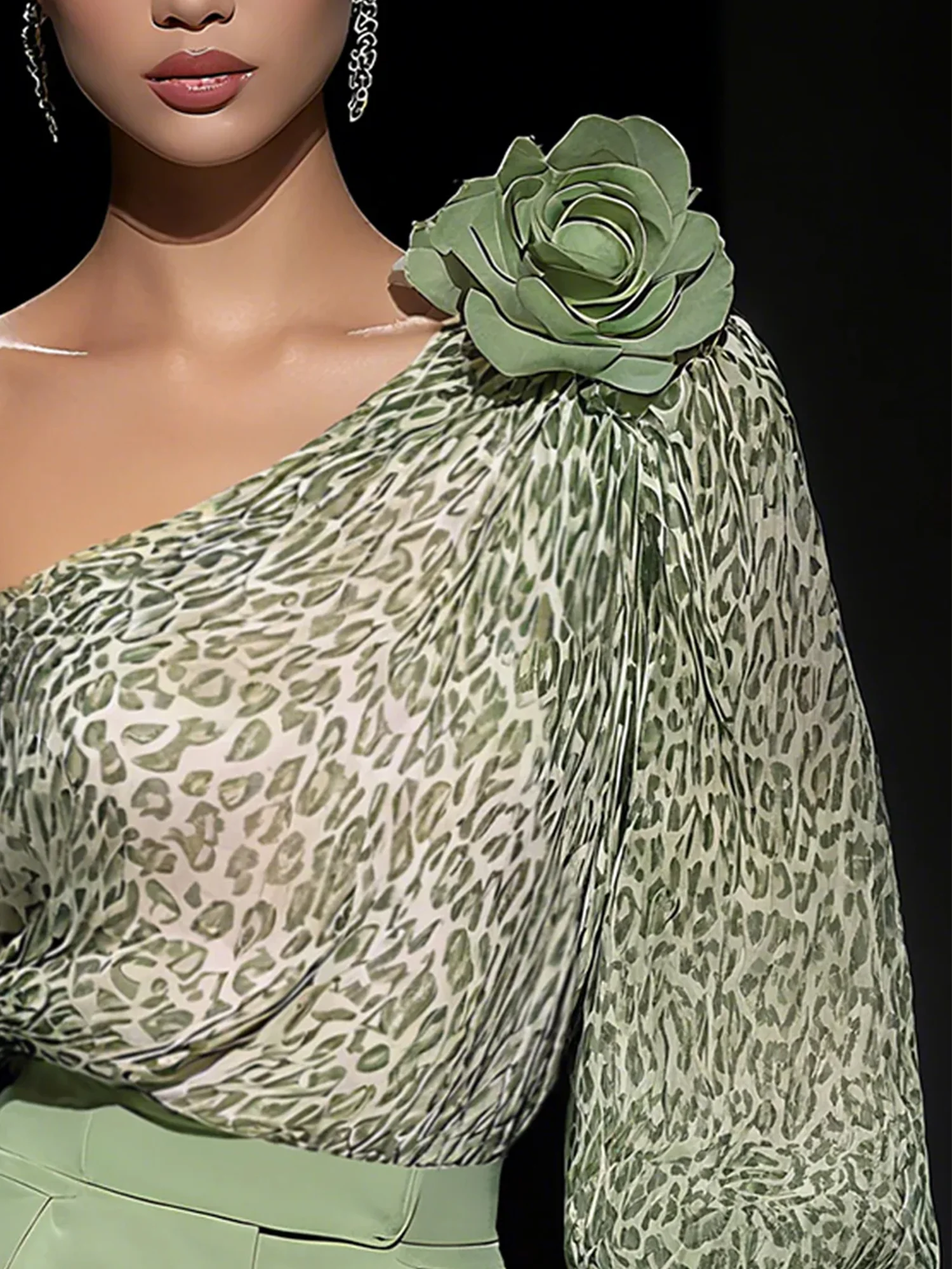 Elegant Leopard Asymmetrical Blouse With 3D Floral
