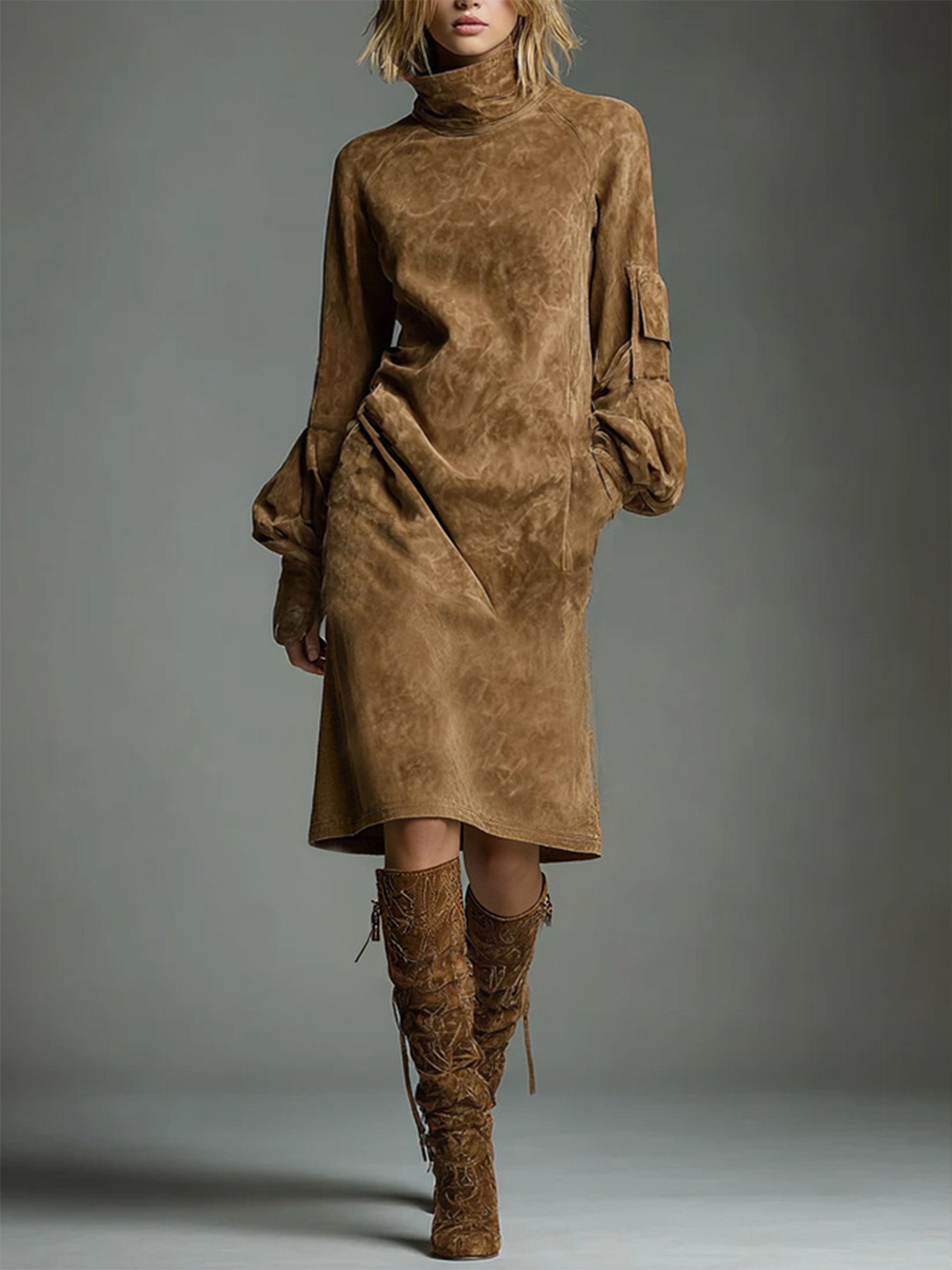 Urban Suede-Look Midi Dress with Pockets