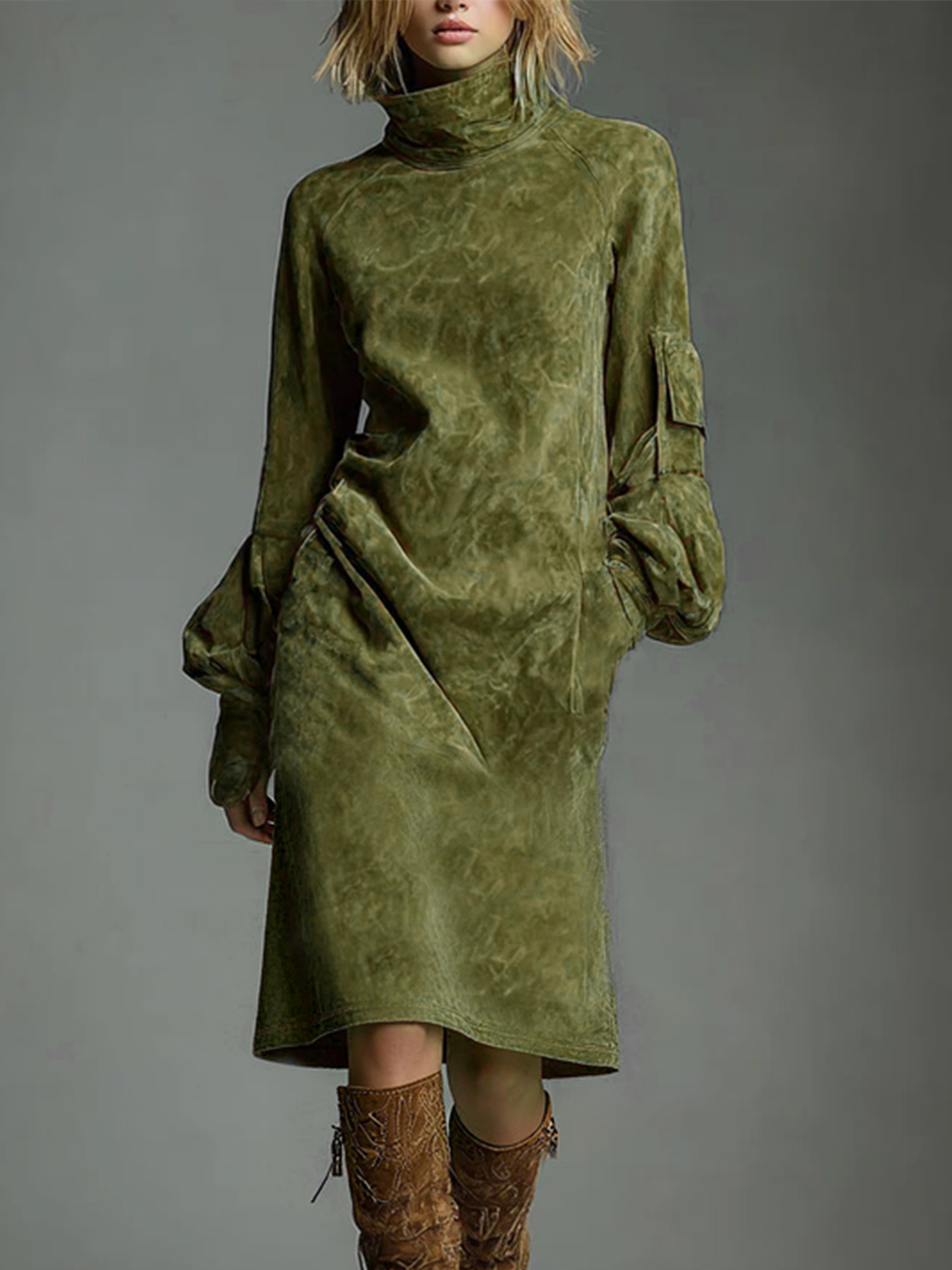 Urban Suede-Look Midi Dress with Pockets