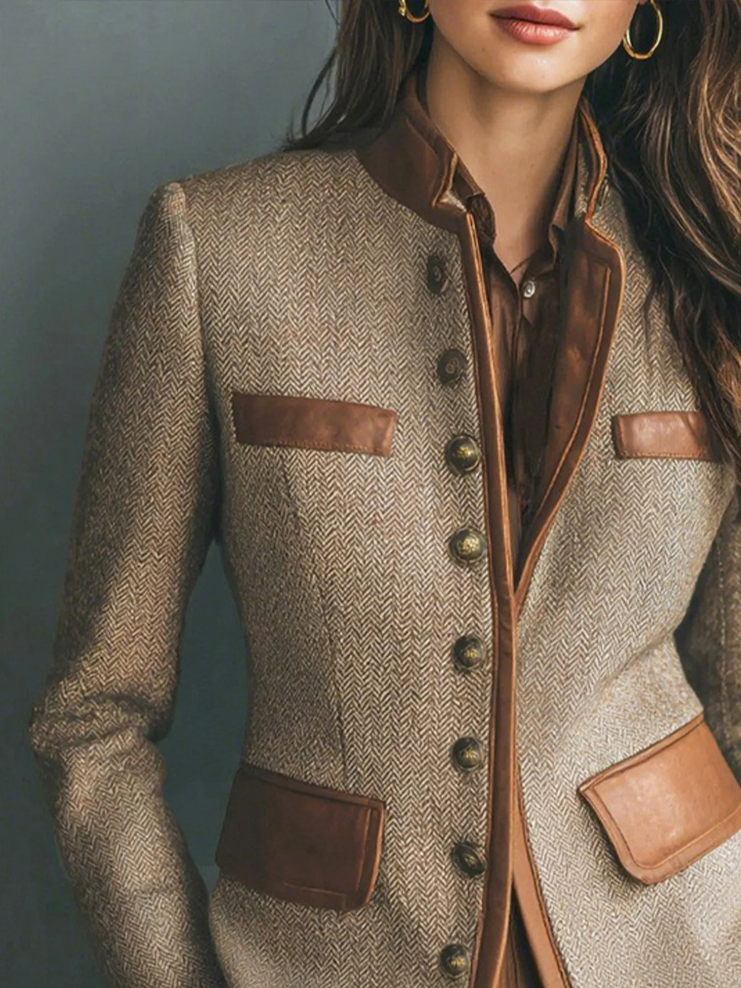 Urban Buttoned Piping Herringbone Stand Collar Jacket