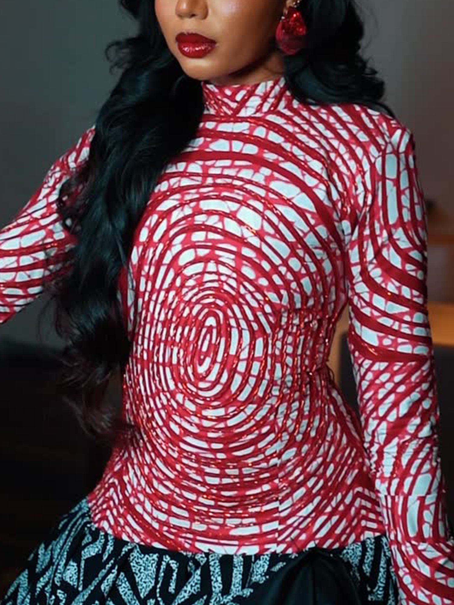 Elegant Random Print Printing Stand Collar T-shirt