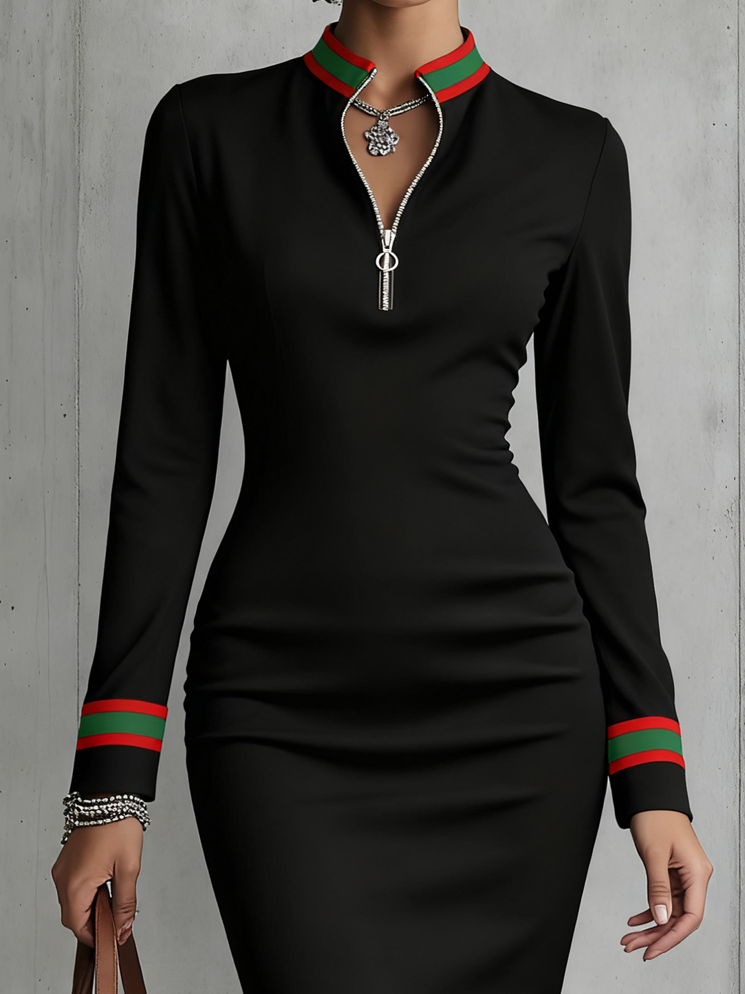 Elegant Color Block Stand Collar Mini Dress