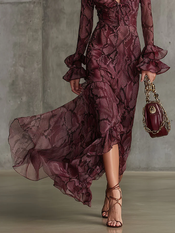 Urban Snakeskin Printing V Neck Maxi Dress