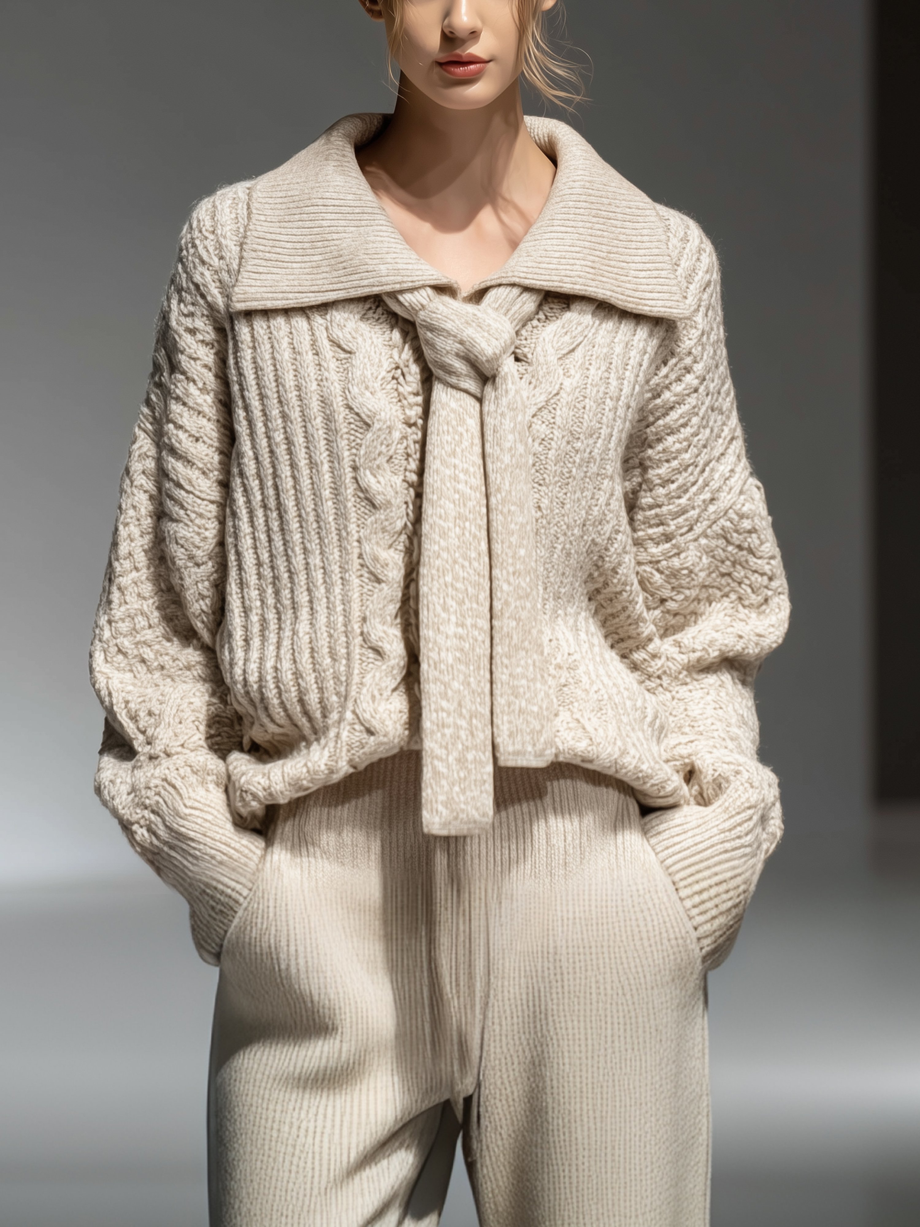 Casual Plain Lace-up Shawl Collar Sweater With Scarf