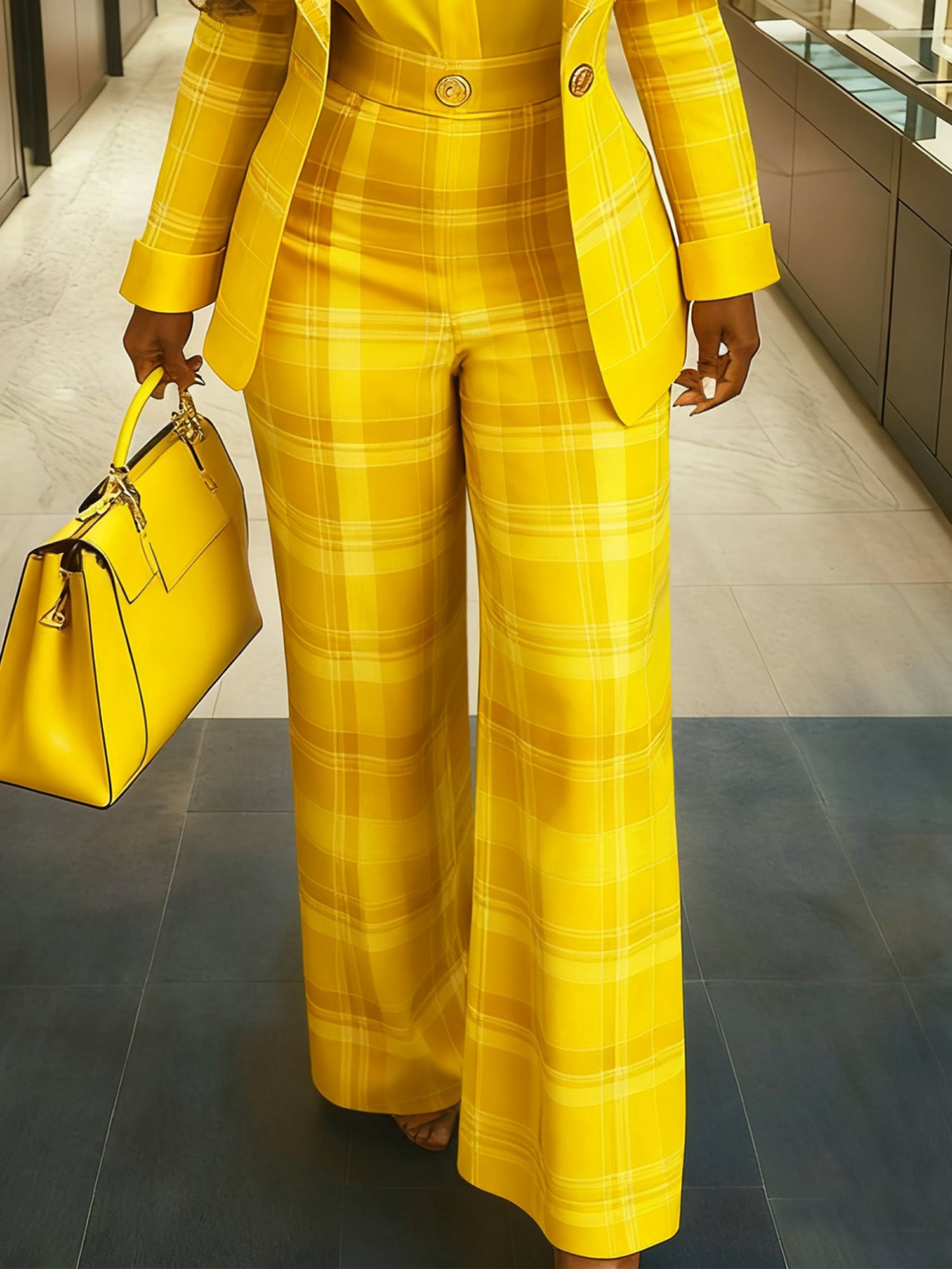 Urban Plaid Printing Wide Leg Pants