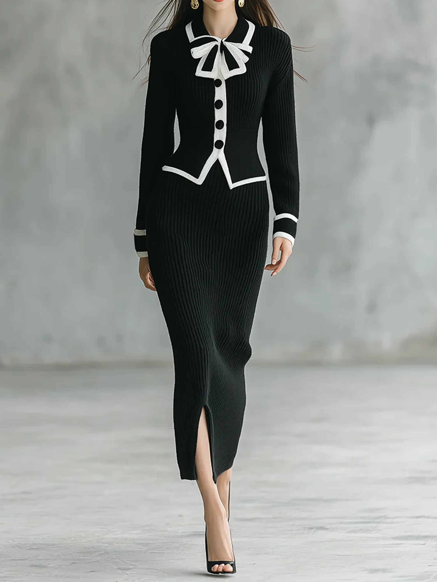 Elegant Color Block Shirt Collar Sweater Cardigan