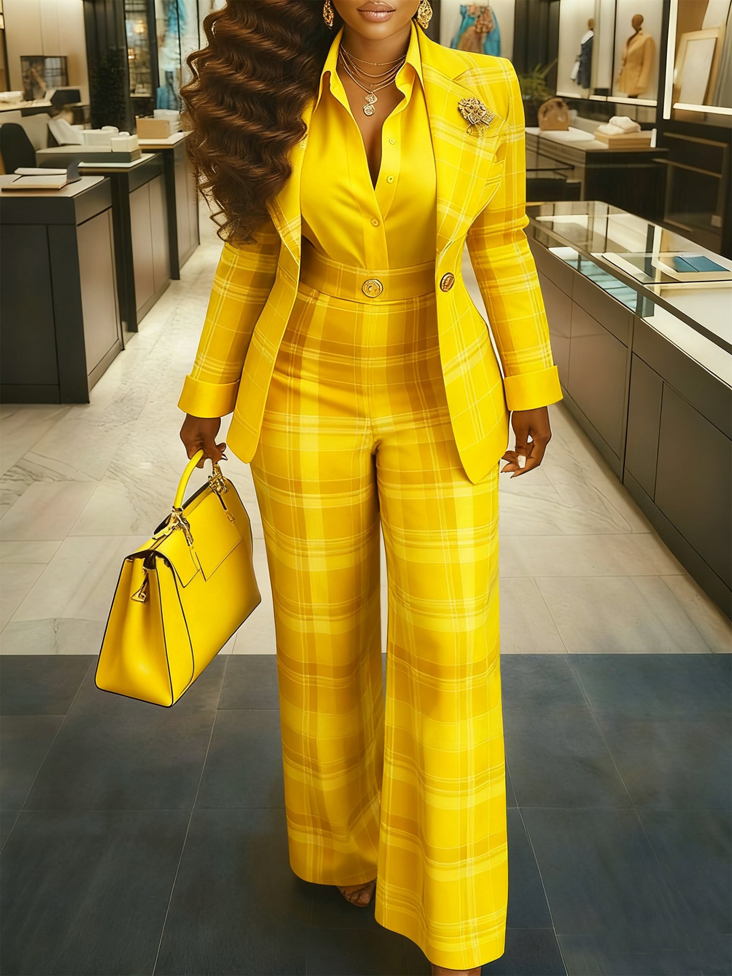 Urban Printing Plaid Lapel Collar Blazer With Brooch