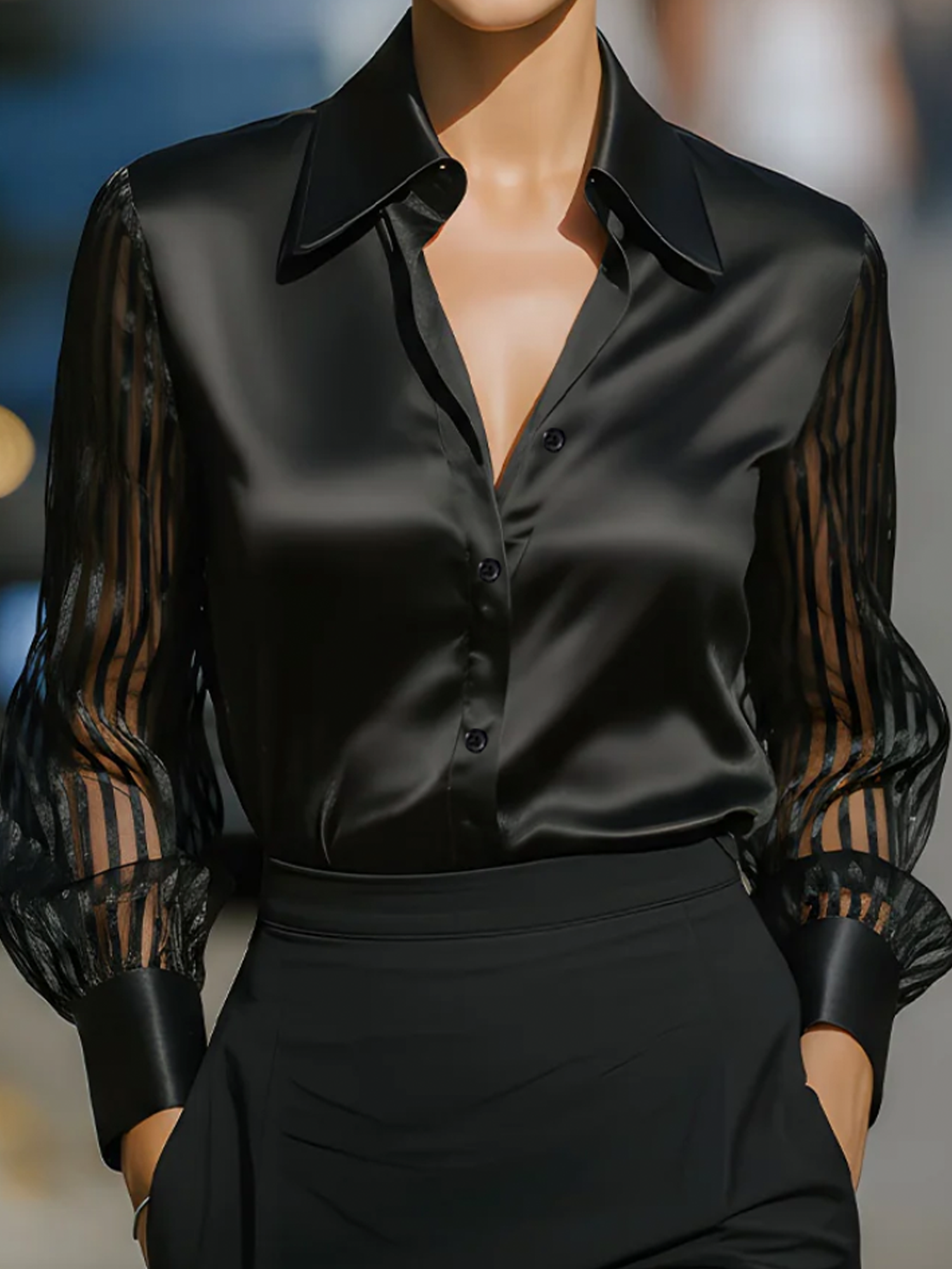 Satin Urban Plain Shirt Collar Shirt