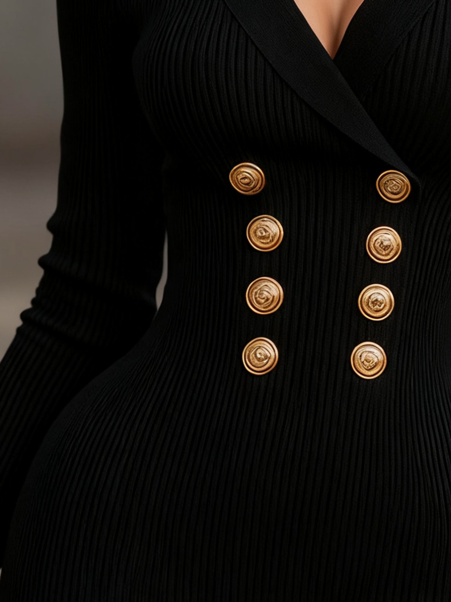 Elegant Plain Buttoned Shawl Collar Sweater Midi Dress