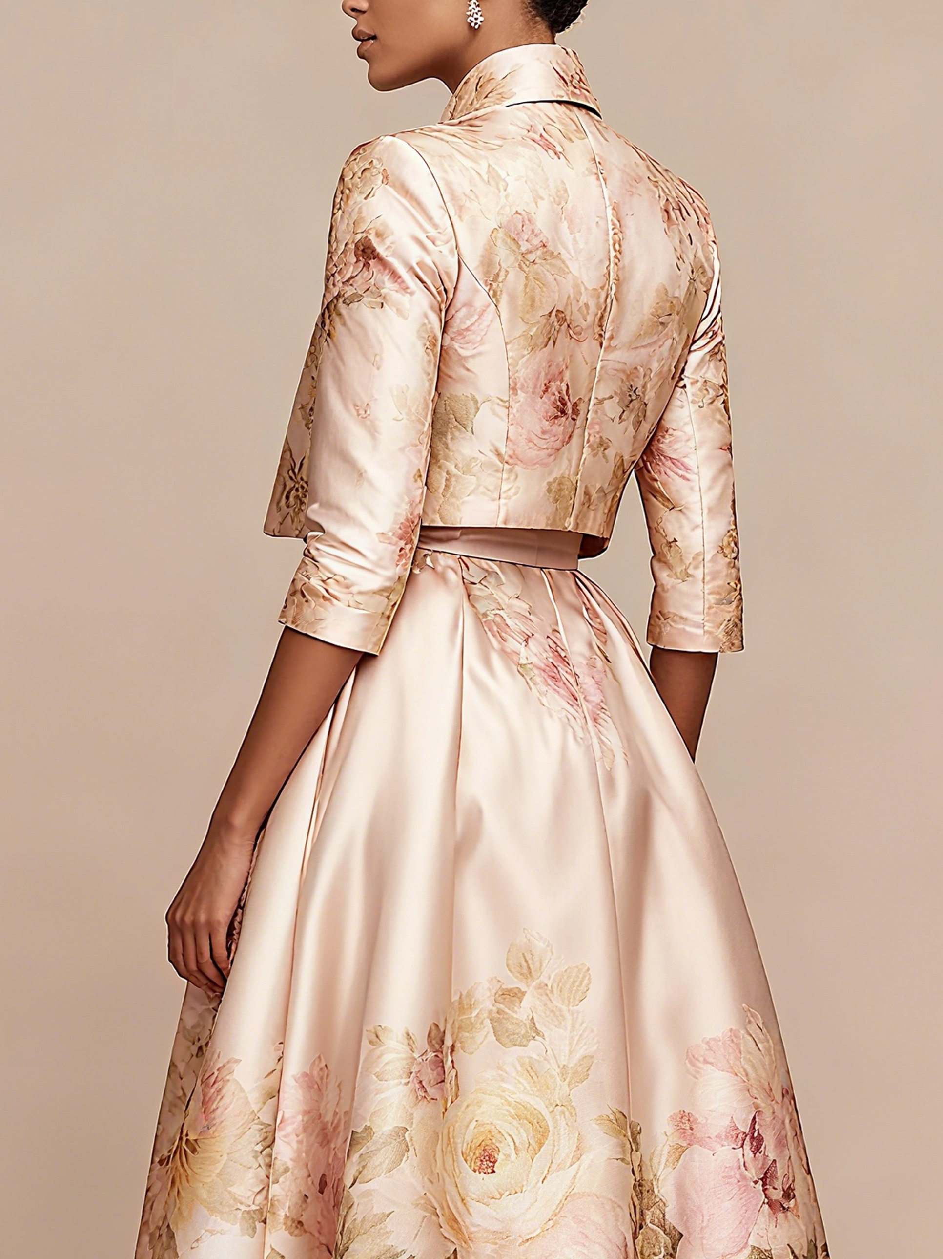Elegant Floral Printing Stand Collar Maxi Dress With Coat