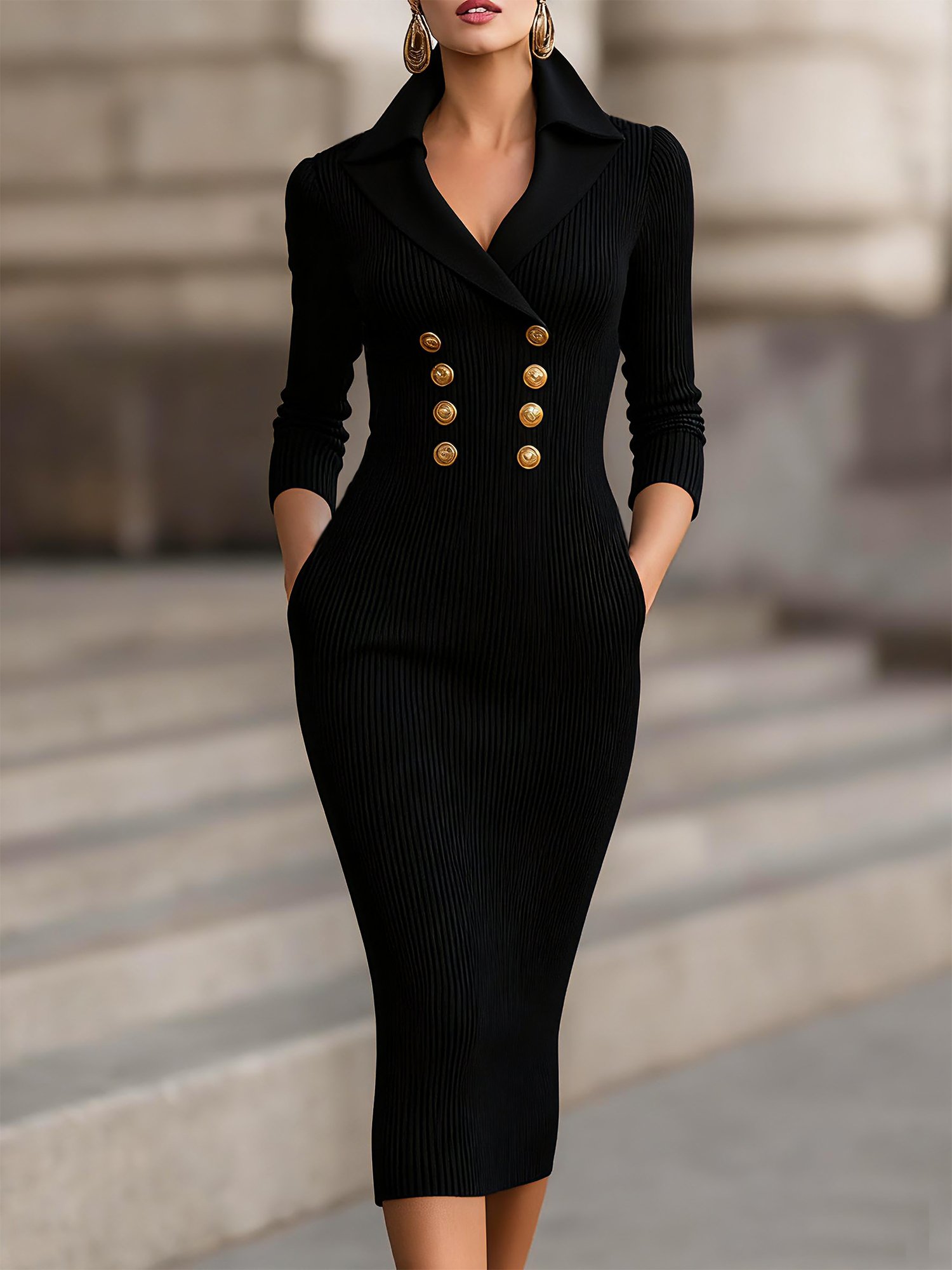 Elegant Plain Buttoned Shawl Collar Sweater Midi Dress