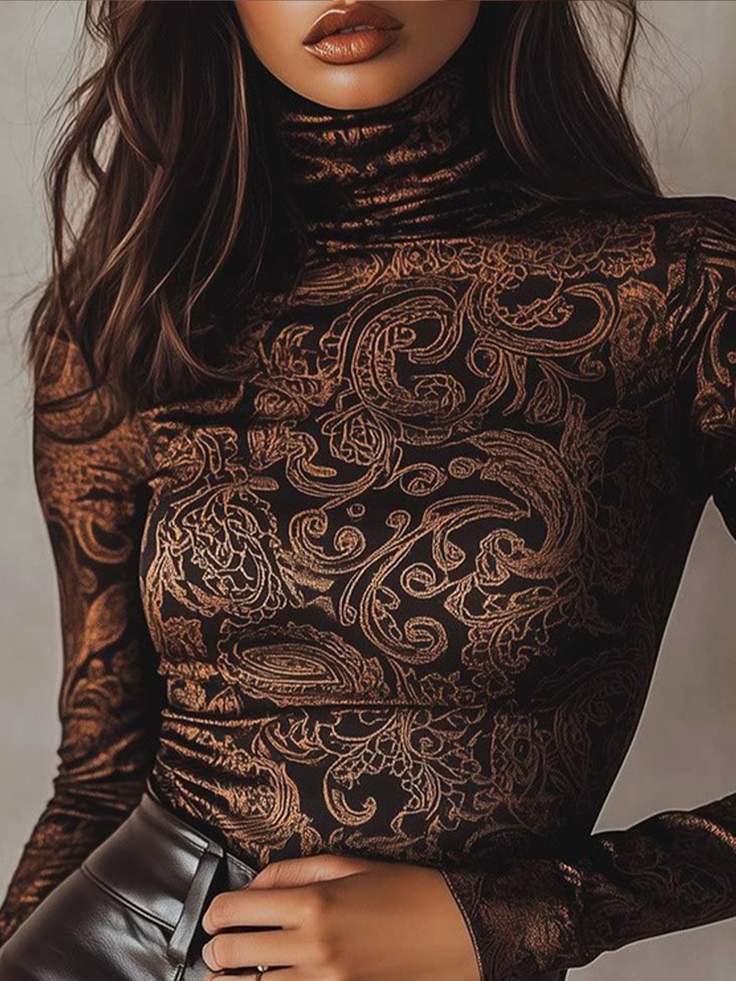 Plus Size Casual Paisley Printing Turtleneck Regular Sleeve T-shirt