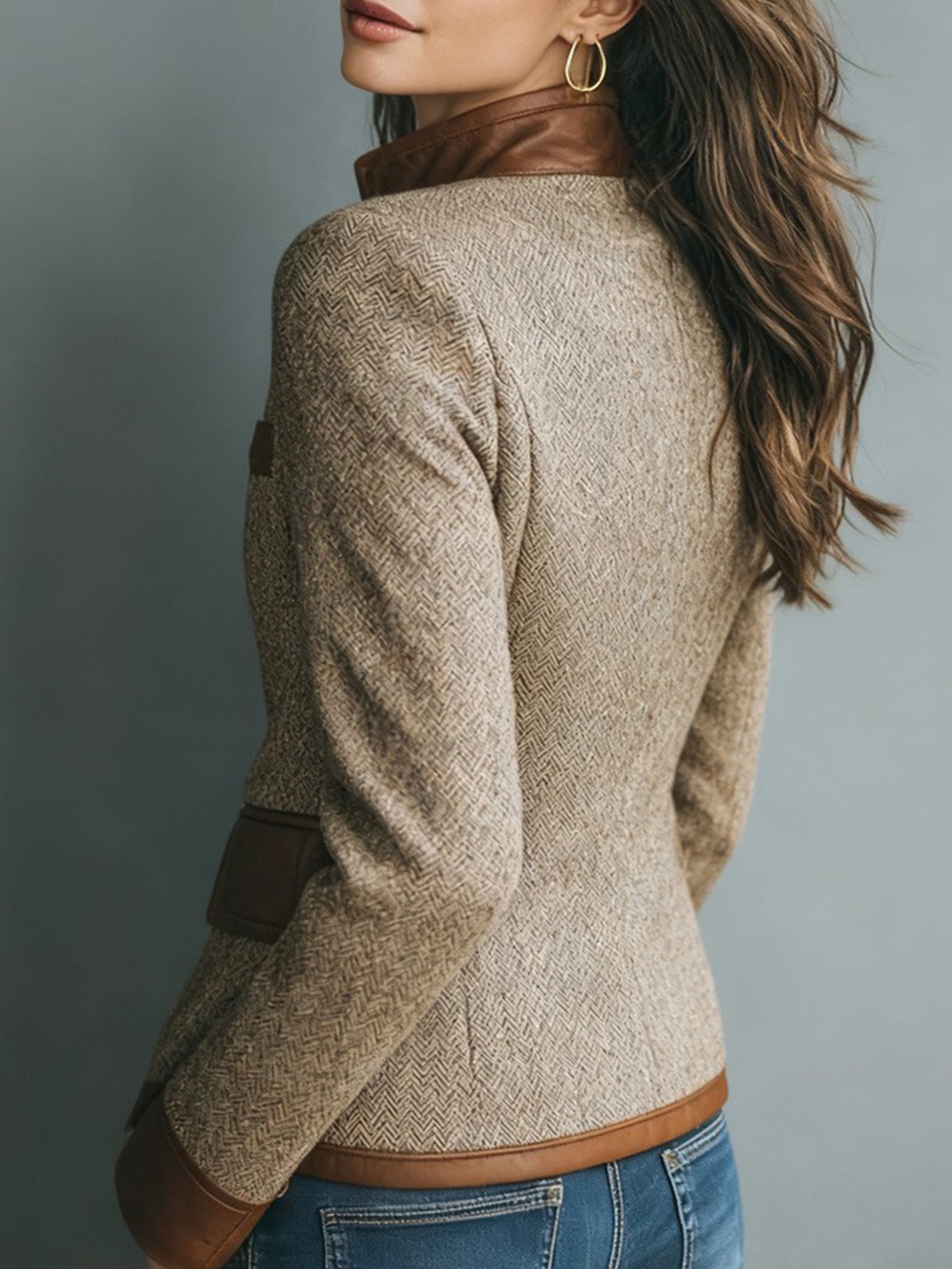 Plus Size Urban  Buttoned Herringbone Stand Collar Jacket