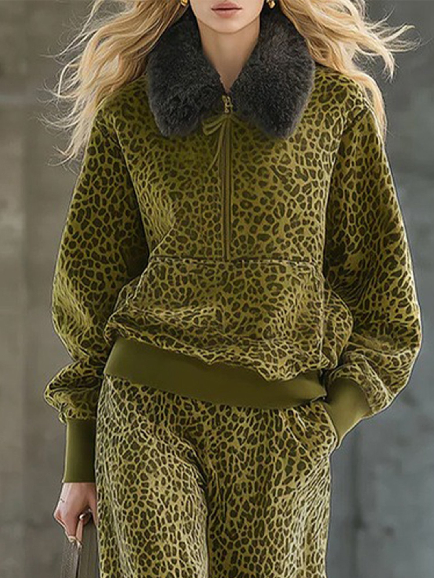 Urban Leopard Printing Shawl Collar Fur Collar Sweatshirt