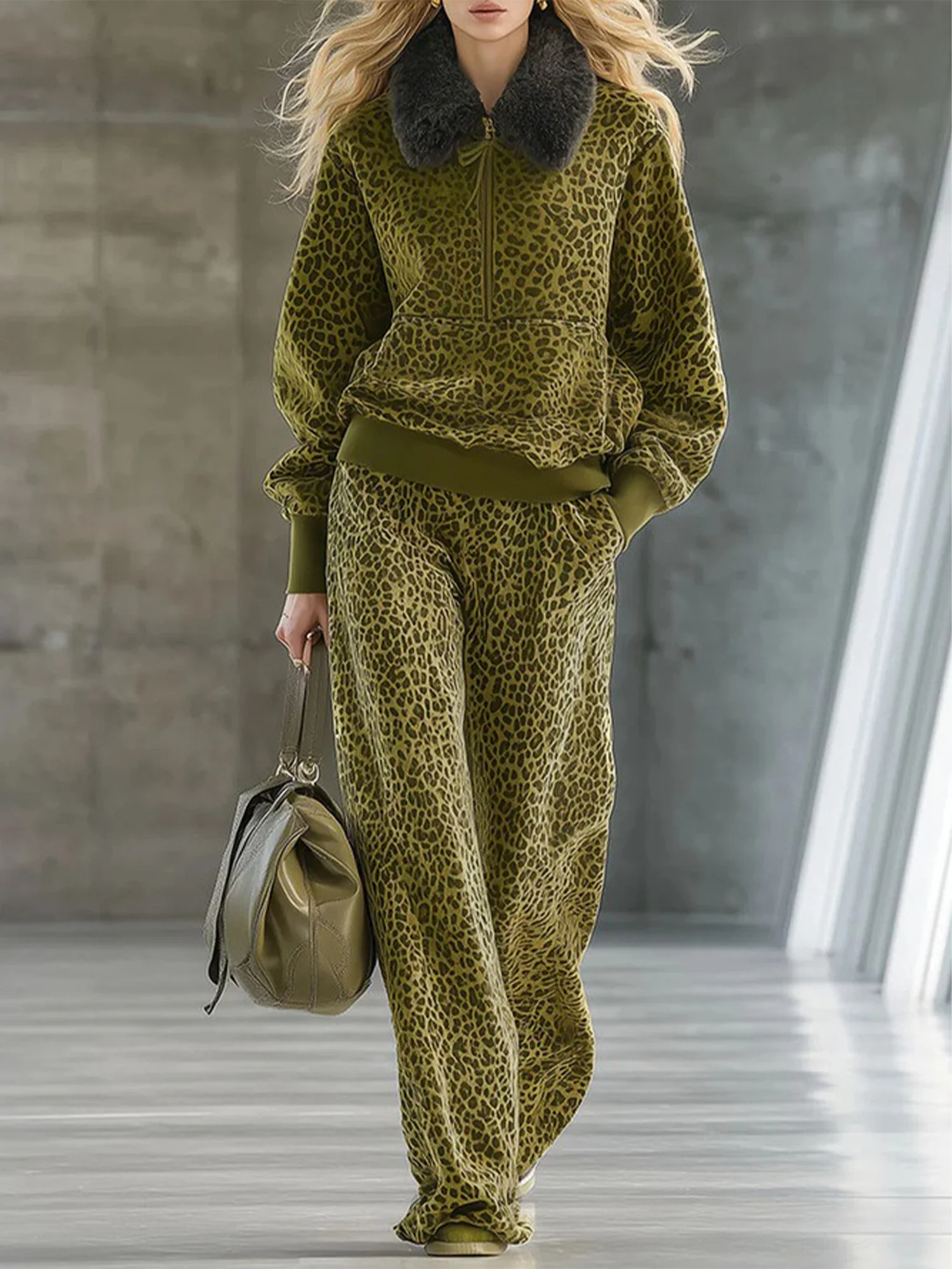 Urban Leopard Printing Shawl Collar Fur Collar Sweatshirt