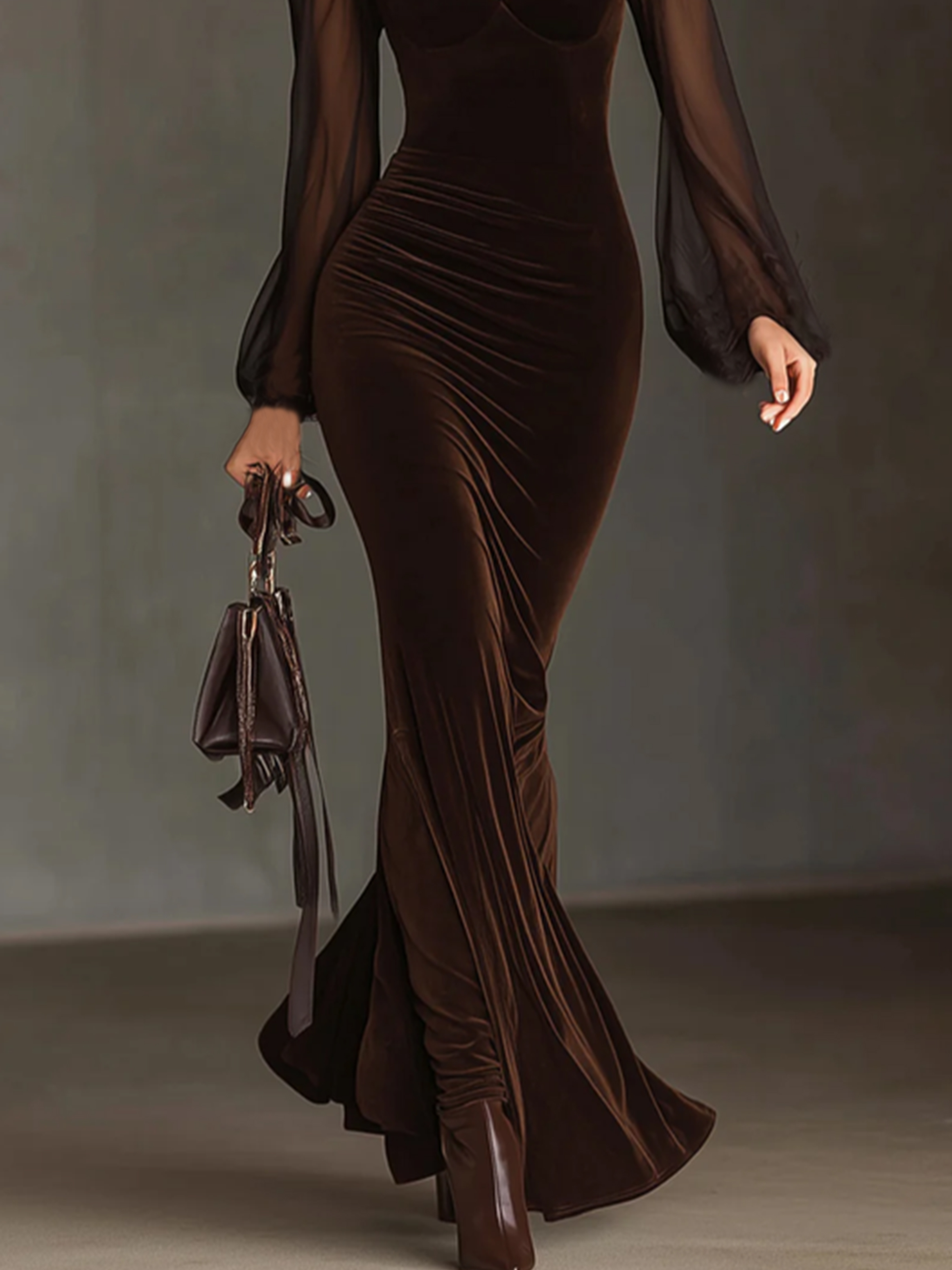 Elegant Color Block Balloon Sleeve Feather-trimmed Maxi Dress