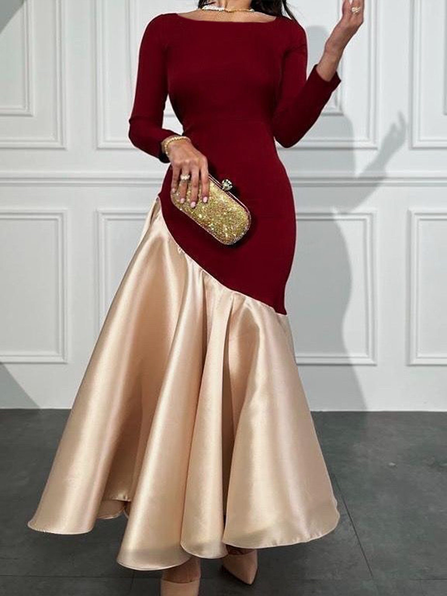 Elegant Color Block Irregular Craftsmanship Boat Neck Party Maxi Dress