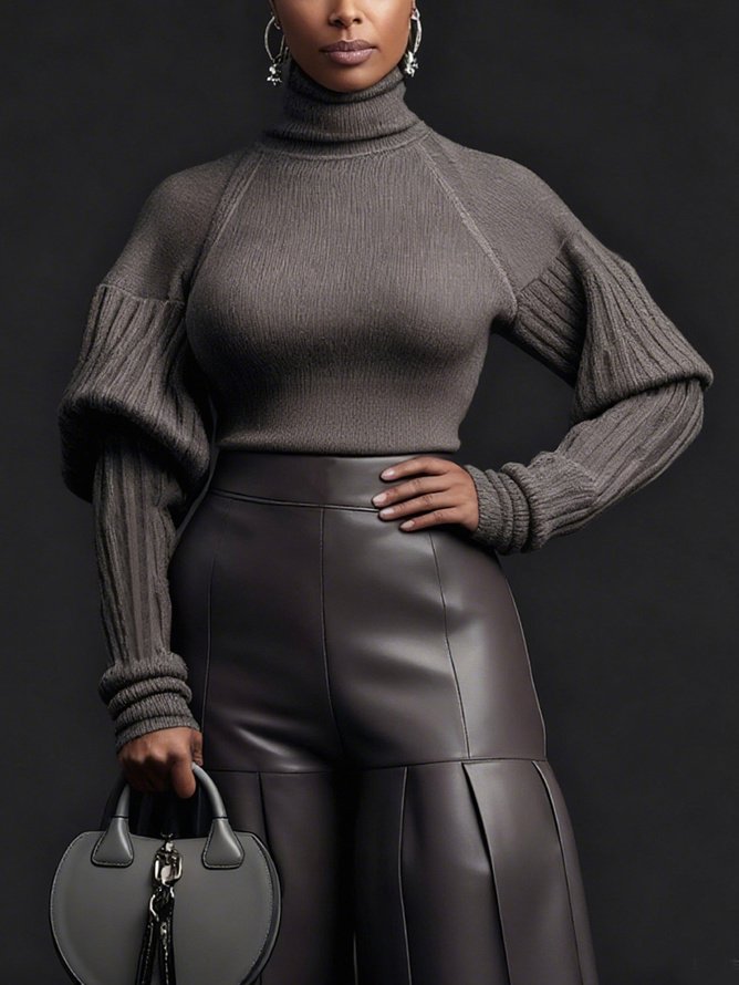 Plus Size Urban Plain Turtleneck Puff Sleeve Sweater