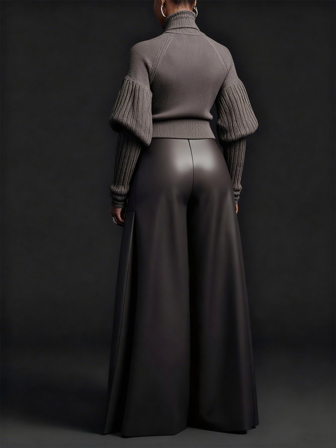 Plus Size Urban Plain Turtleneck Puff Sleeve Sweater