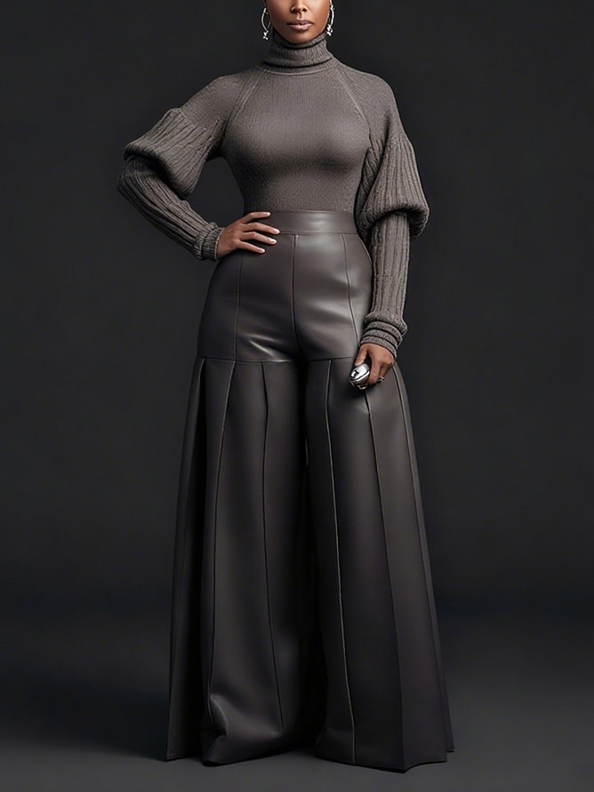 Plus Size Urban Plain Turtleneck Puff Sleeve Sweater