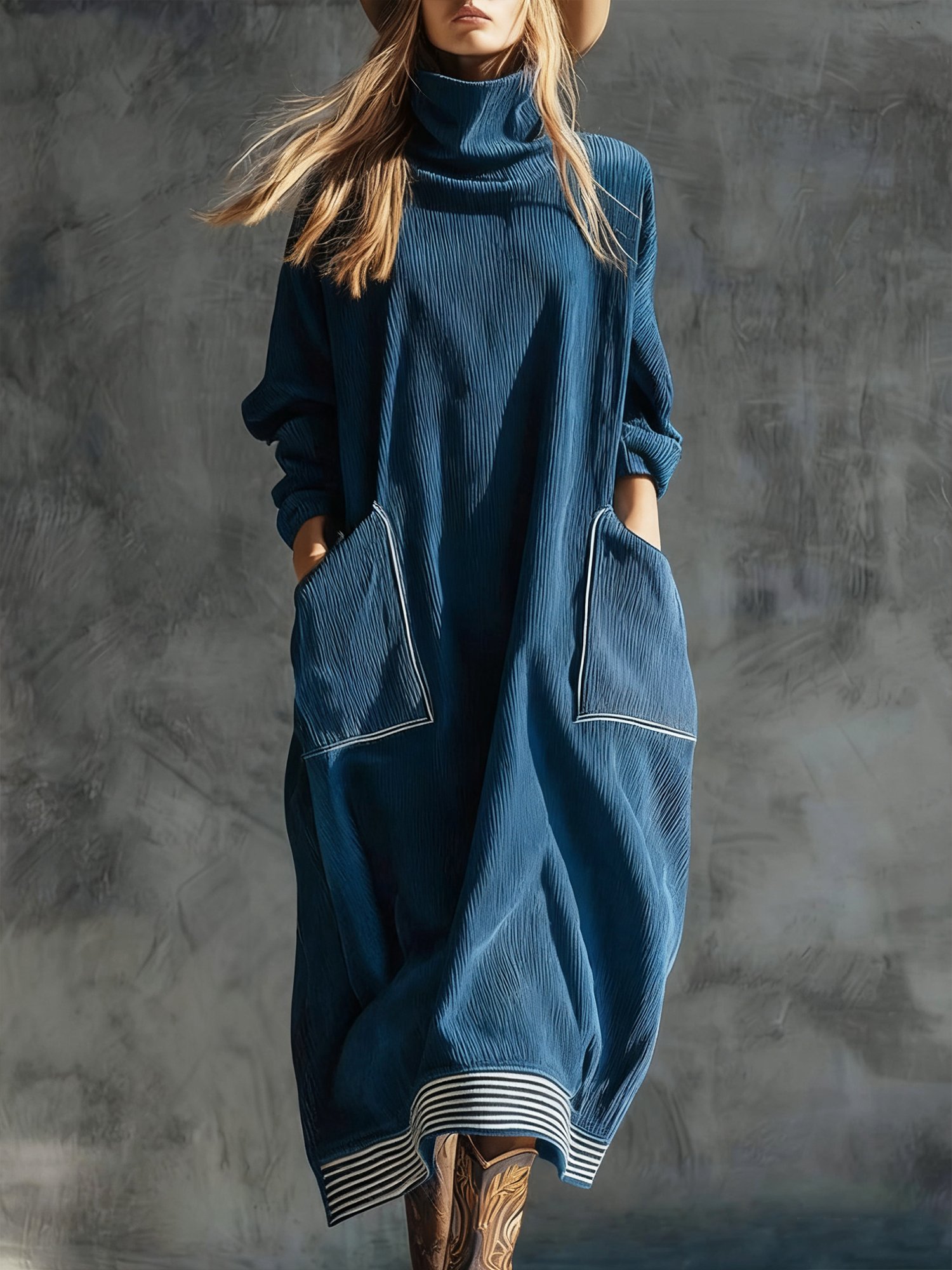 Urban Plain Corduroy Pocket Stitching Turtleneck Midi Dress