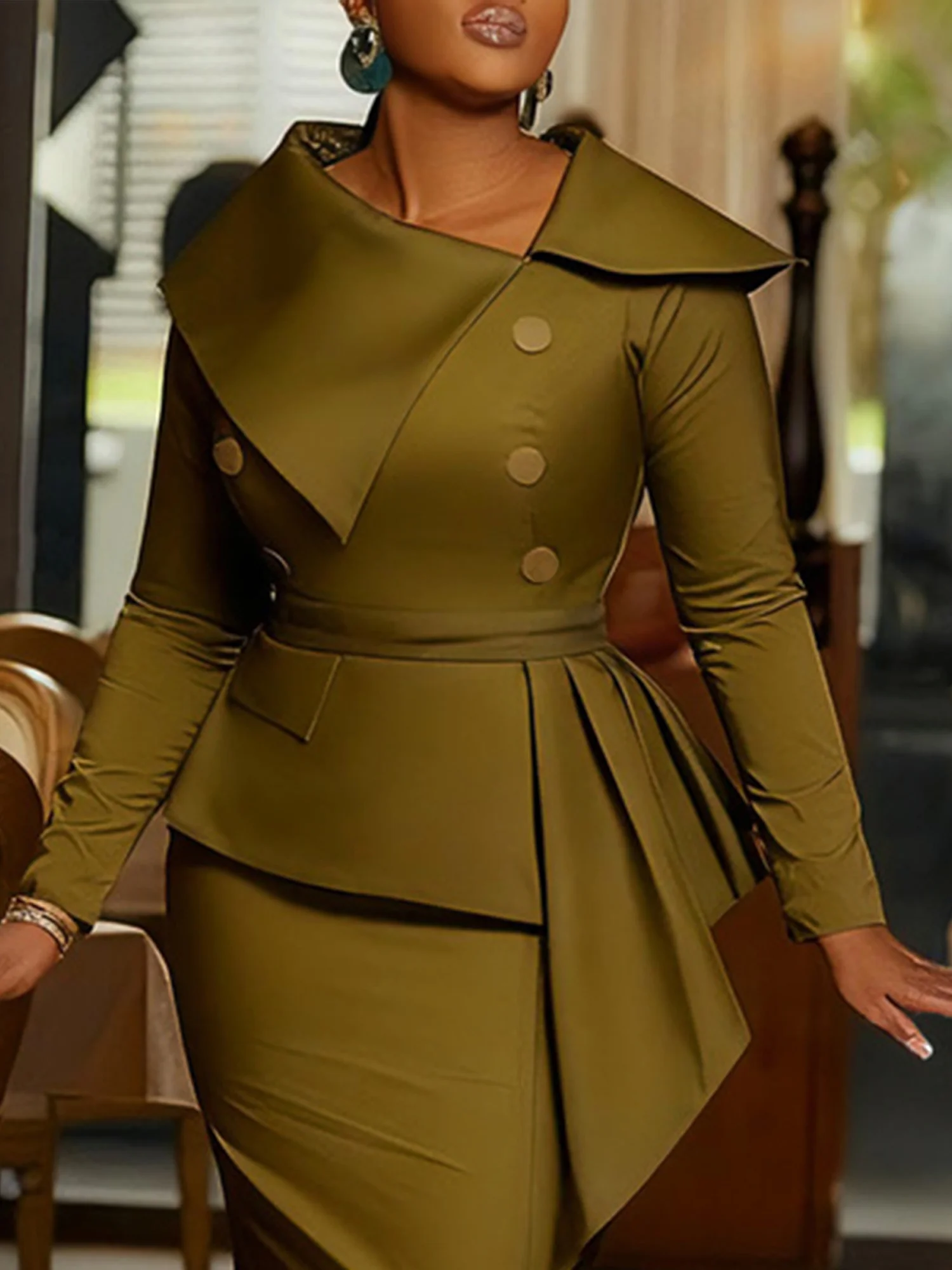 Elegant Plain Asymmetric Shawl Collar Blouse