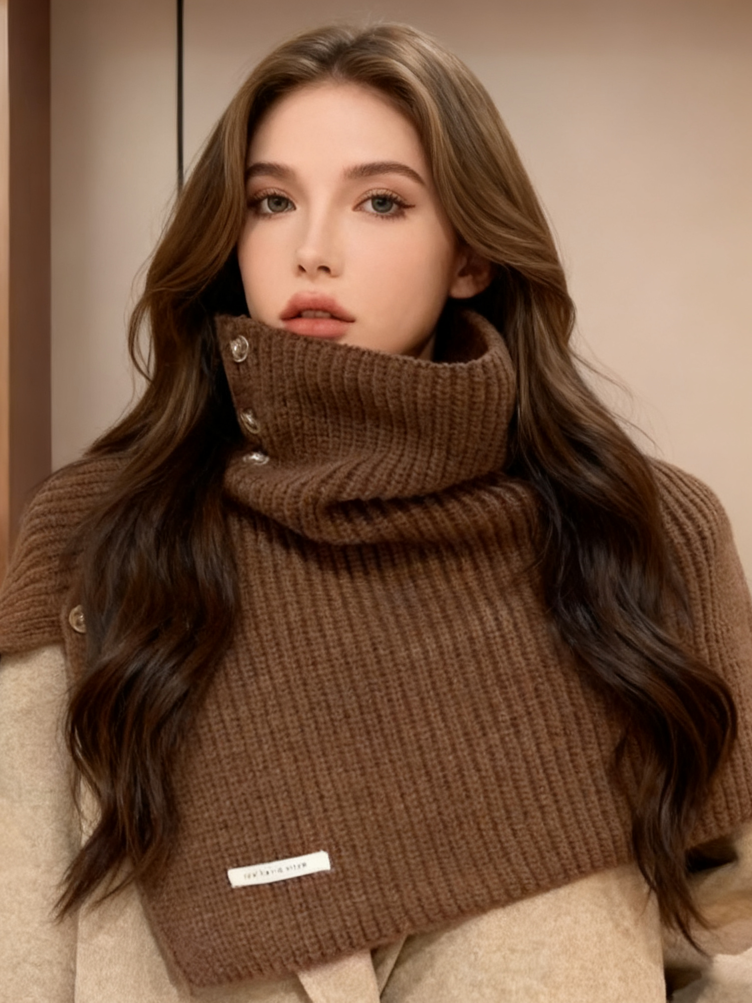 Slit button high collar pullover shawl scarf