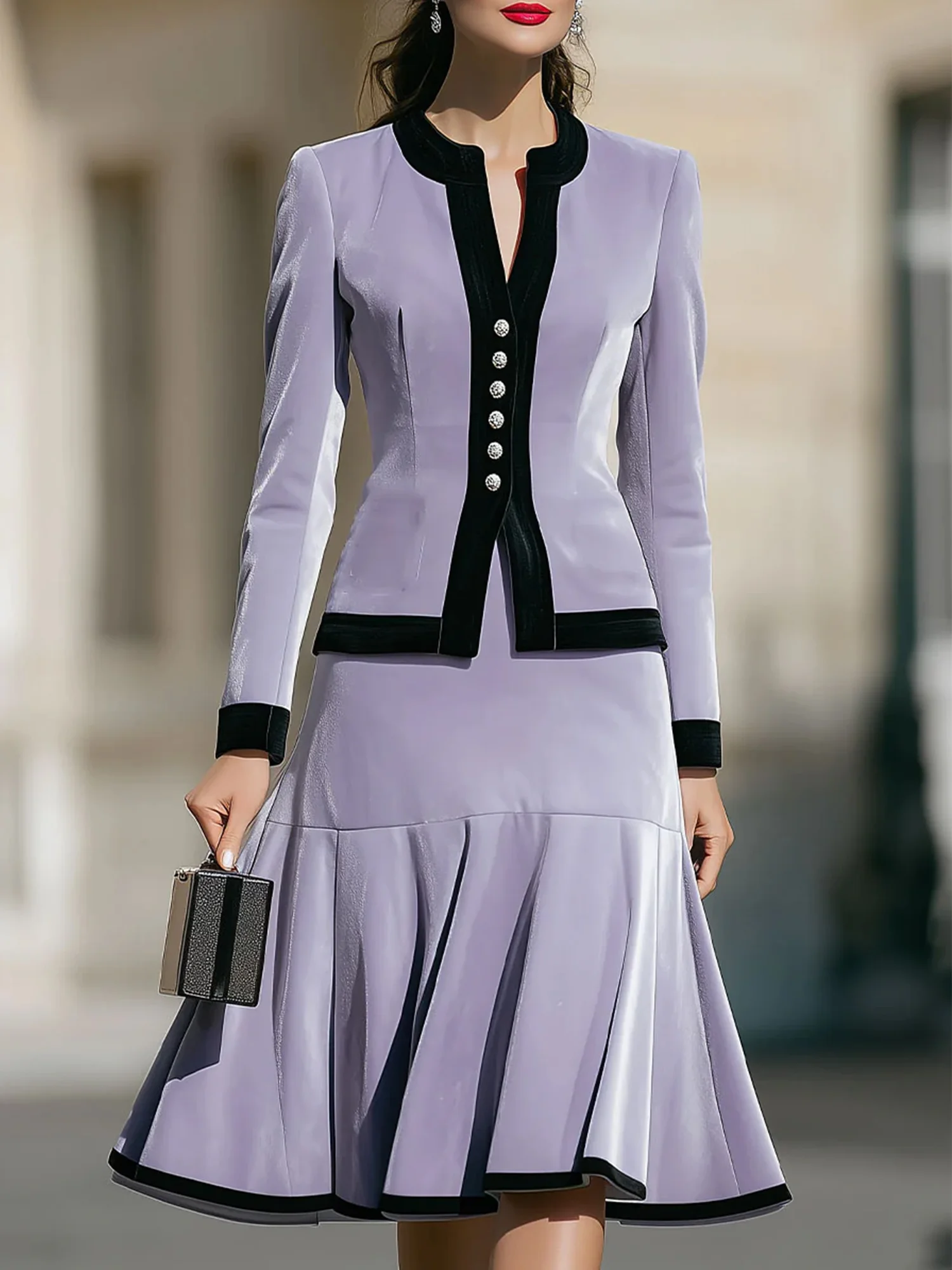 Urban Velvet Buttoned Color Block Crew Neck Jacket