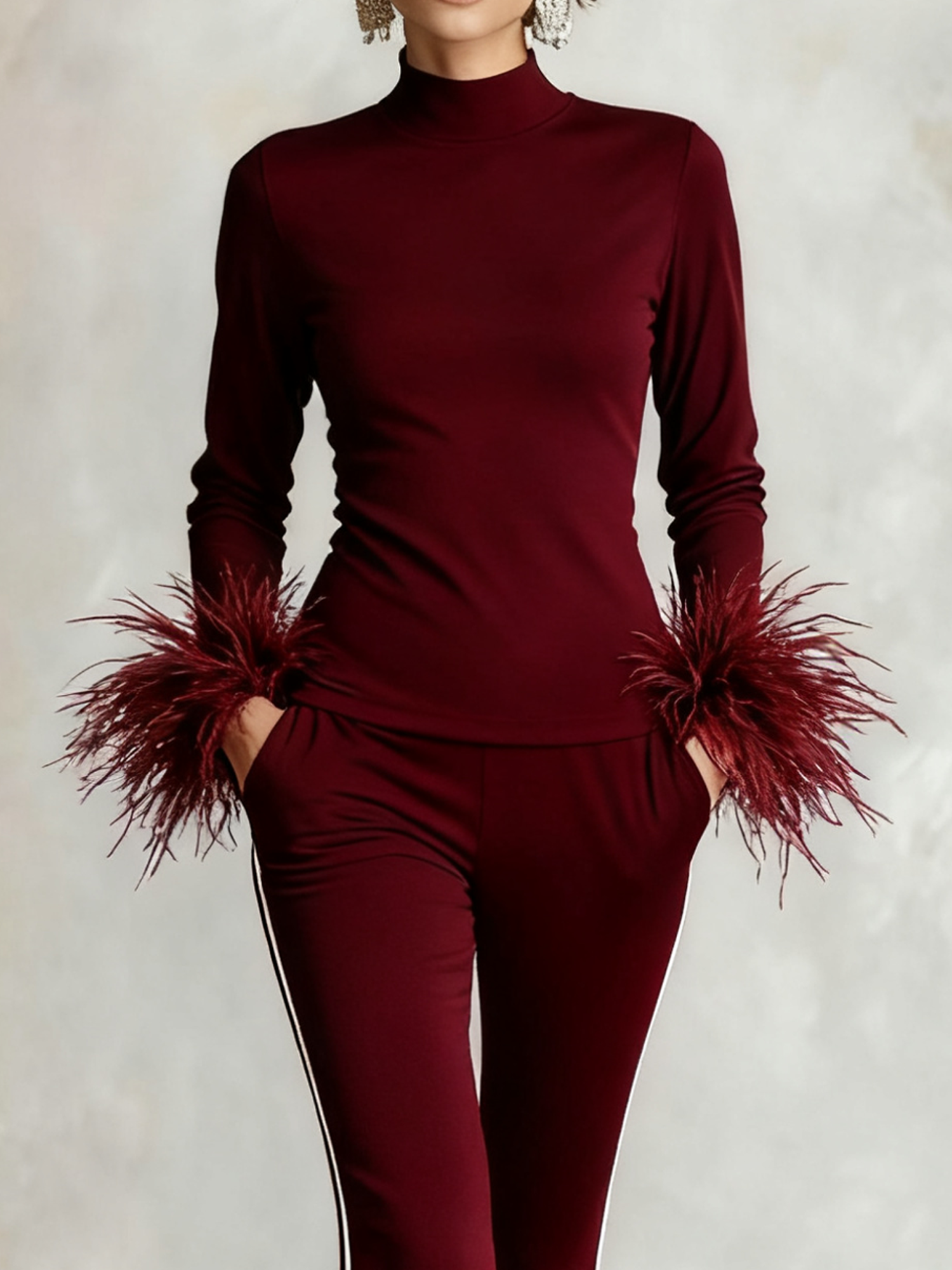 Elegant Plain Feather Stand Collar Blouse