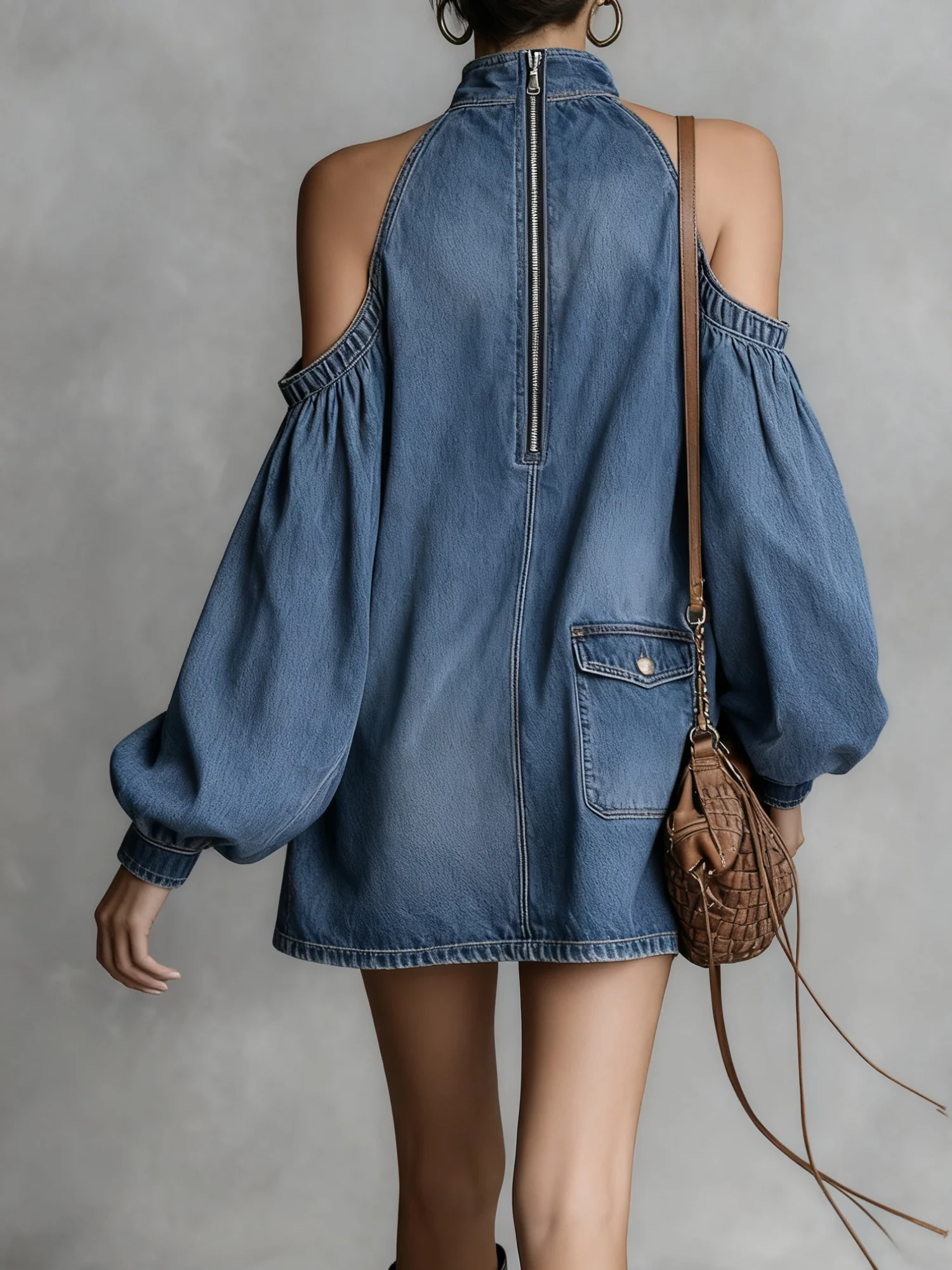 Urban Plain Stand Collar Mini Denim Dress