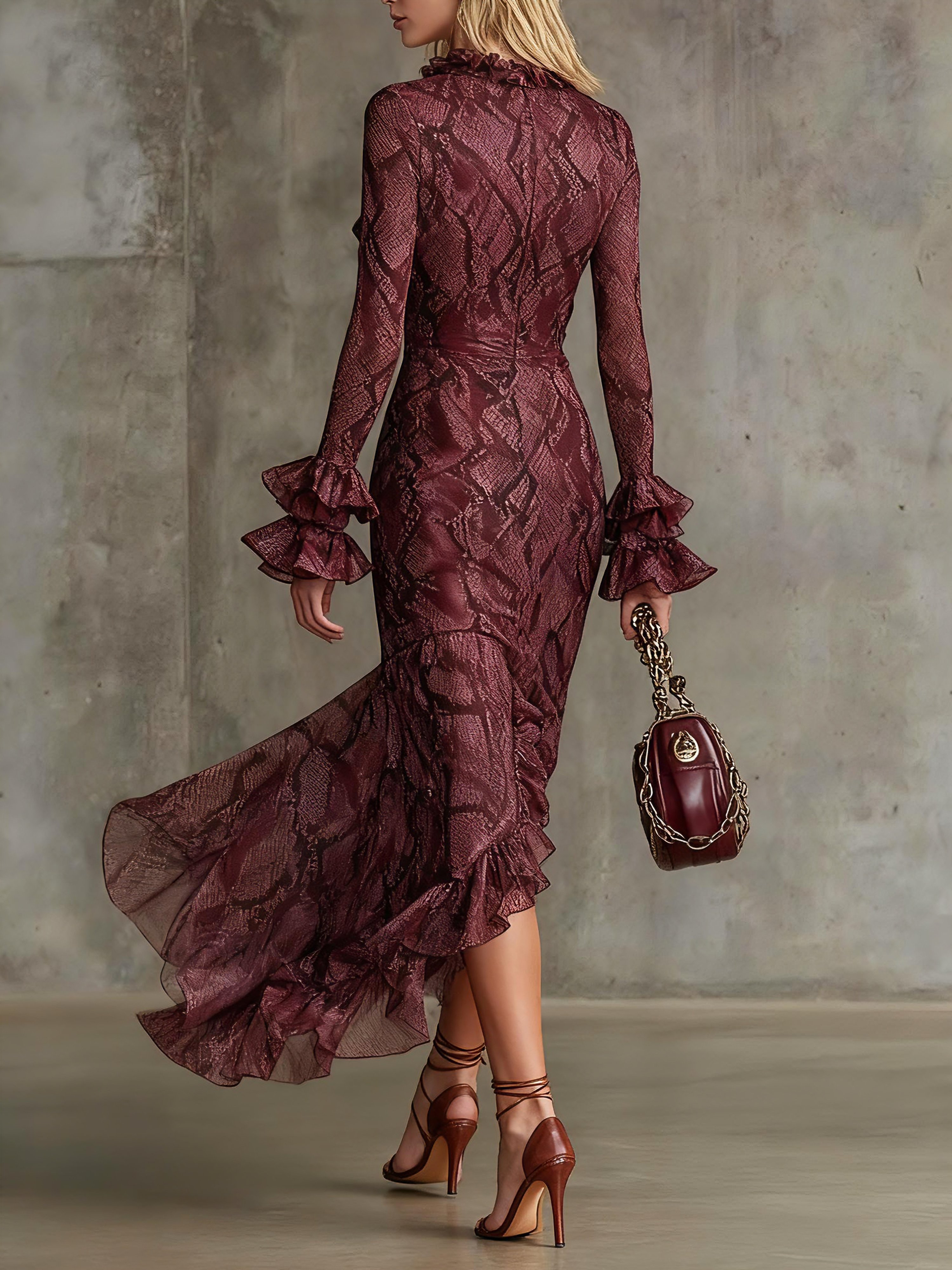 Urban Snakeskin Printing V Neck Maxi Dress