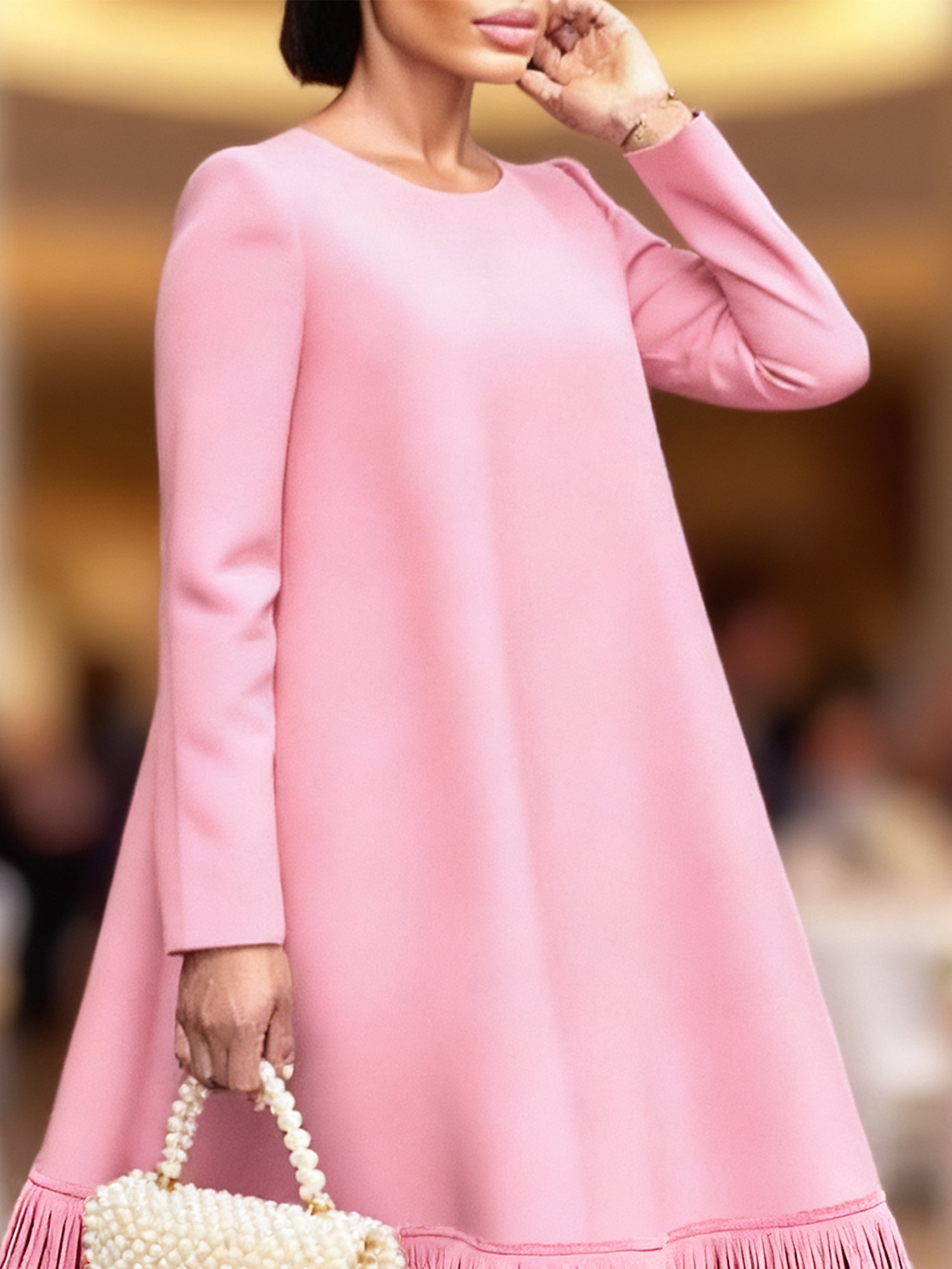 Elegant Plain Tassel Crew Neck Midi Dress