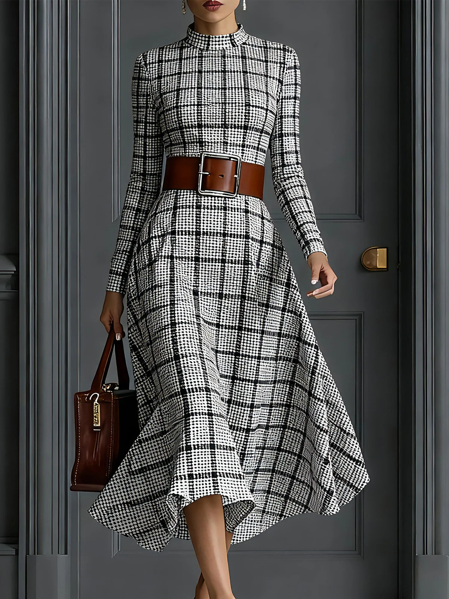 Urban Plaid Printing Stand Collar Midi Dress No Belt