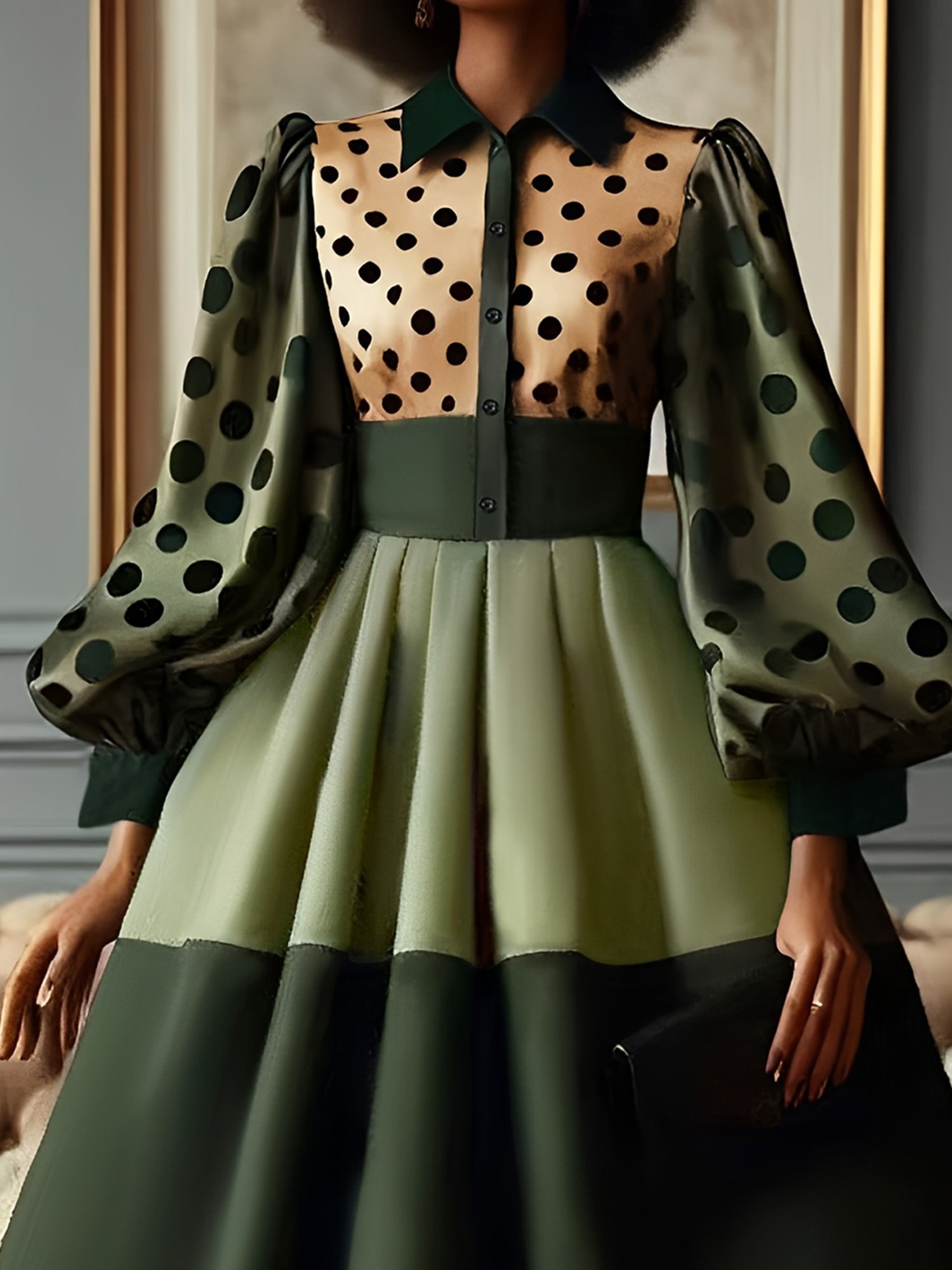 Elegant Polka Dots Balloon Sleeve Printing Shirt Collar Midi Dress