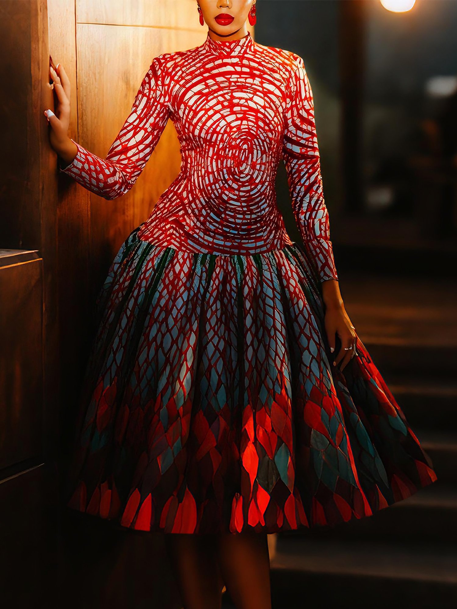 Elegant Random Print Printing Stand Collar T-shirt