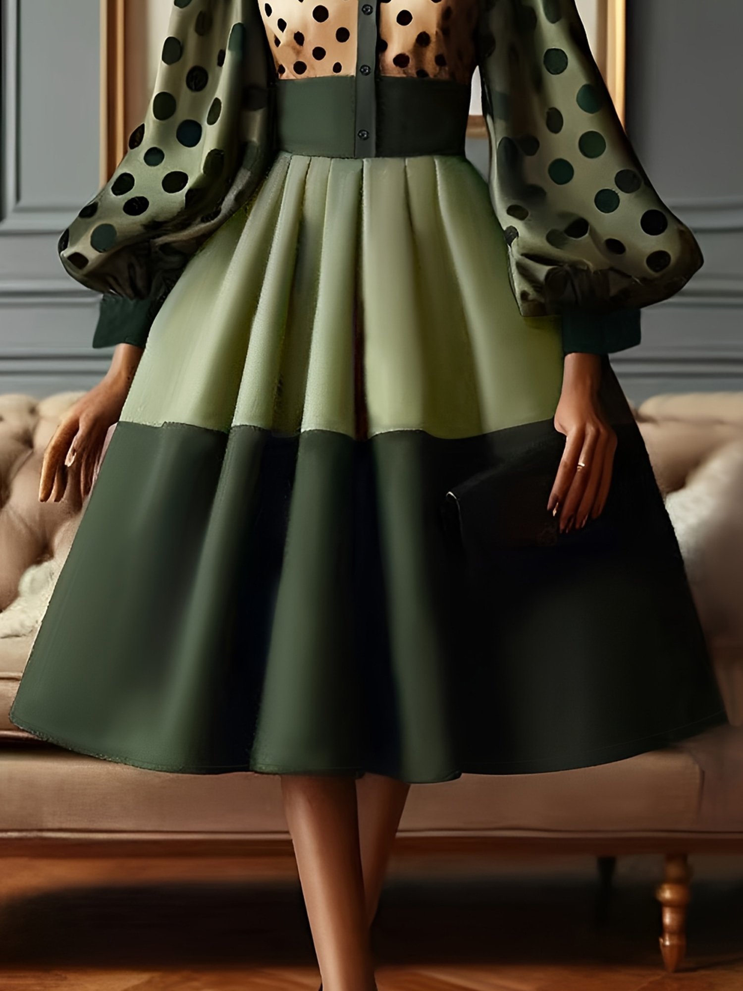 Elegant Polka Dots Balloon Sleeve Printing Shirt Collar Midi Dress