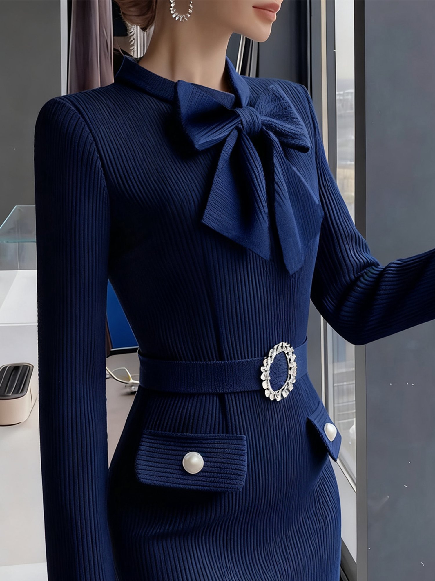 Elegant Plain Bow Sweater Knee Length Dress