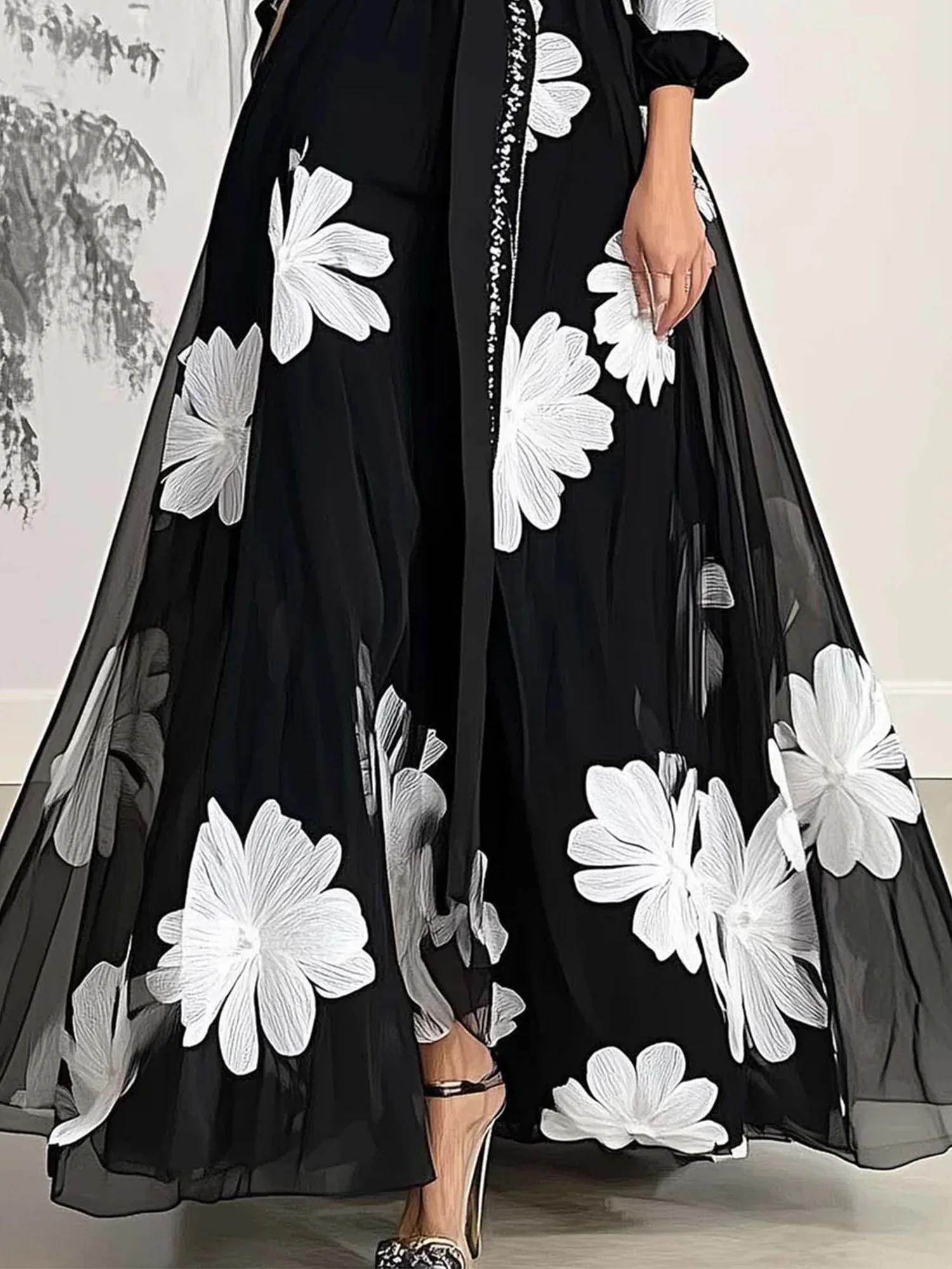Elegant Floral Printing Stand Collar Maxi Dress With Belt