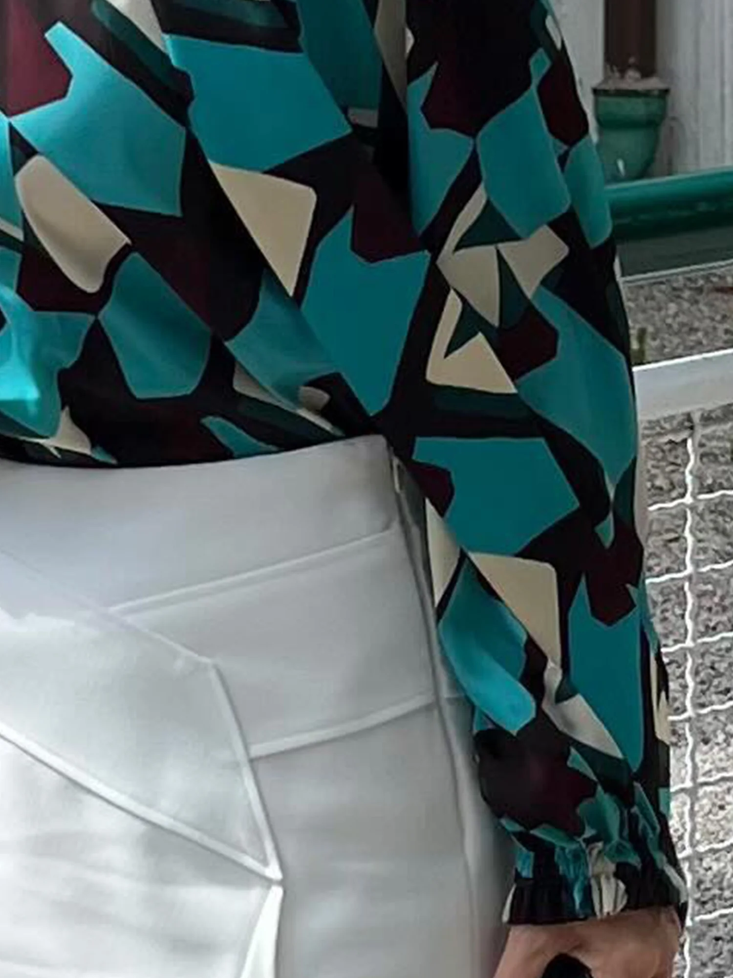 Elegant Abstract Graphic Printing Mock Neck Blouse