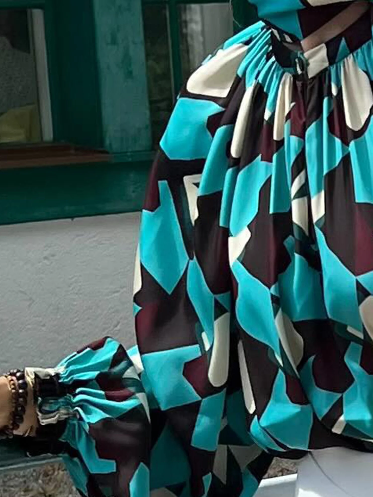 Elegant Abstract Graphic Printing Mock Neck Blouse