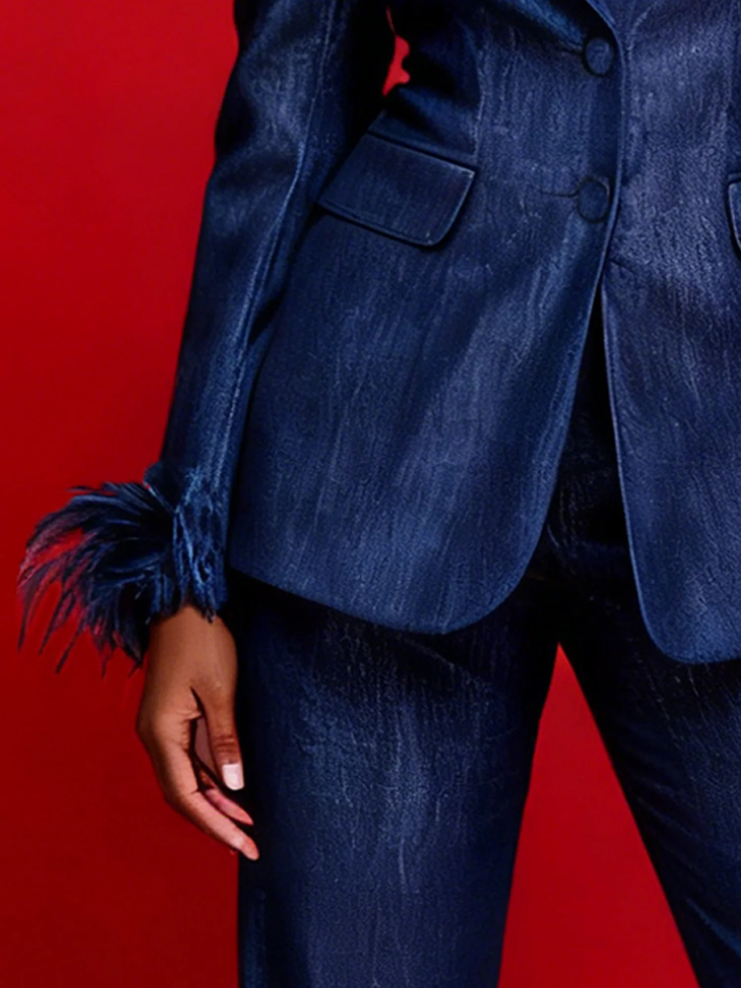 Urban Feather-trimmed Plain Lapel Collar Faux Denim Coat
