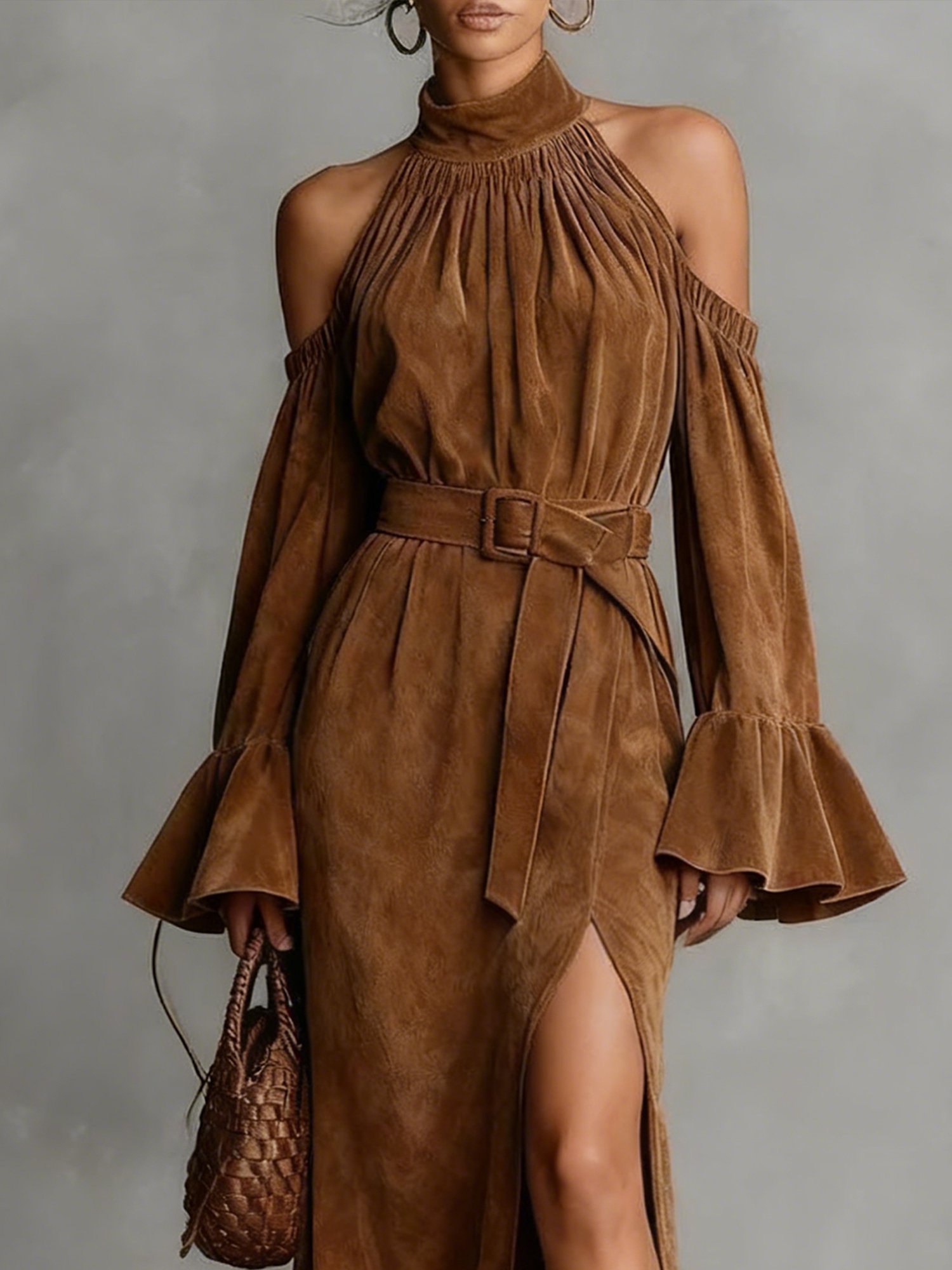 Urban Plain Off Shoulder Sleeve Suede Side-Slit  Midi Dress With Belt