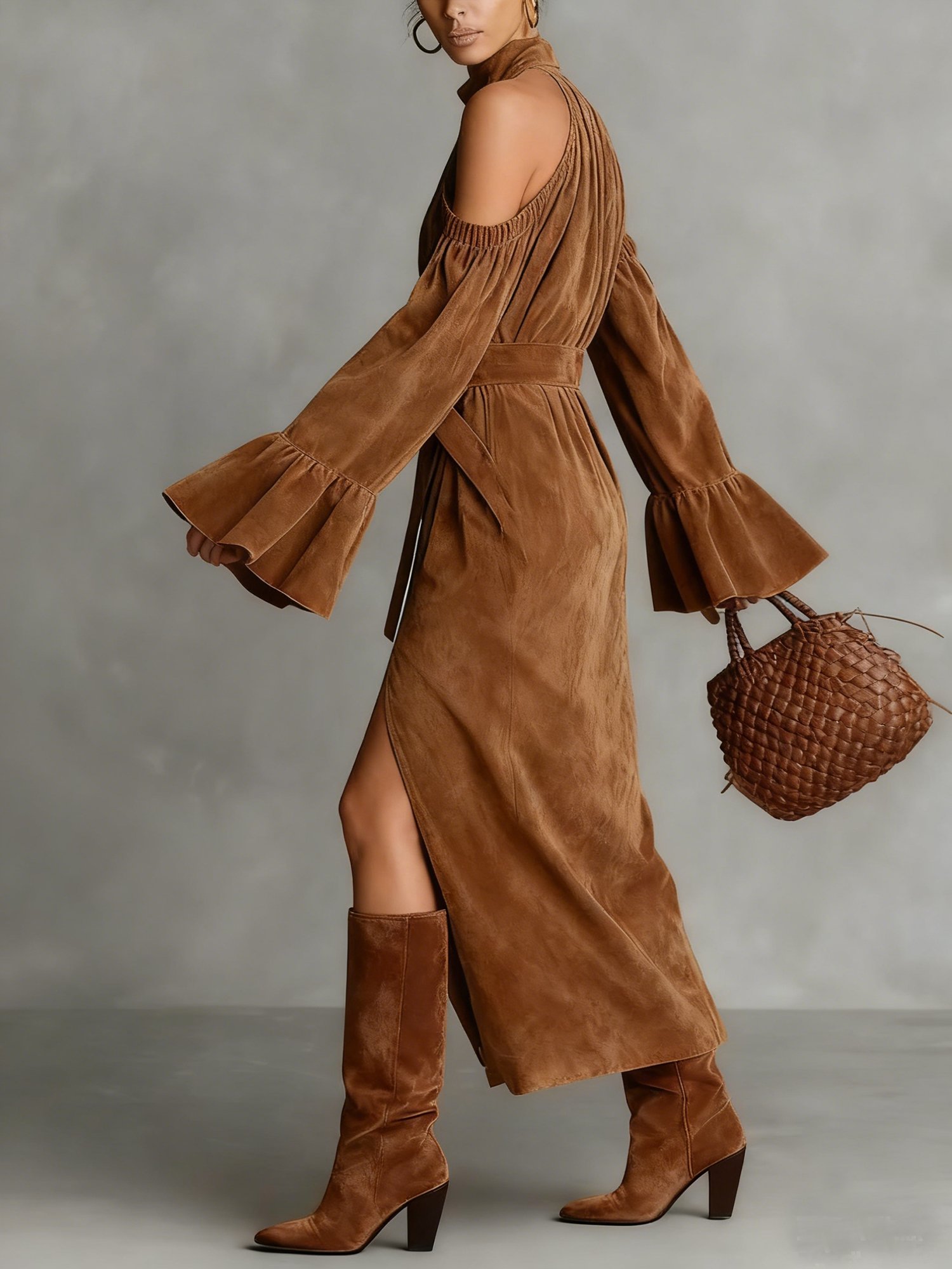 Urban Plain Off Shoulder Sleeve Suede Side-Slit  Midi Dress With Belt