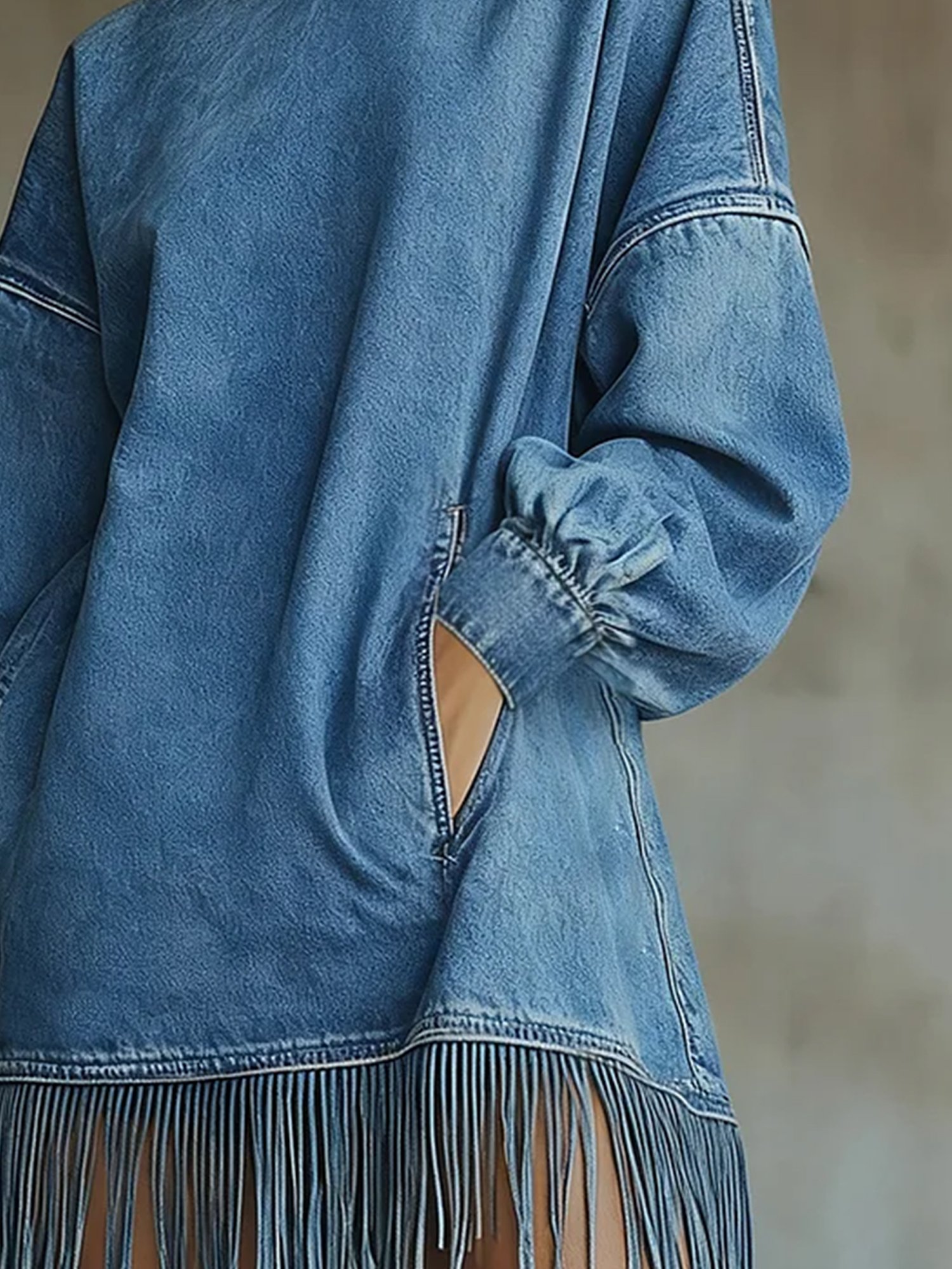 Denim Casual Plain Balloon Sleeve Tassel Turtleneck Mini Dress